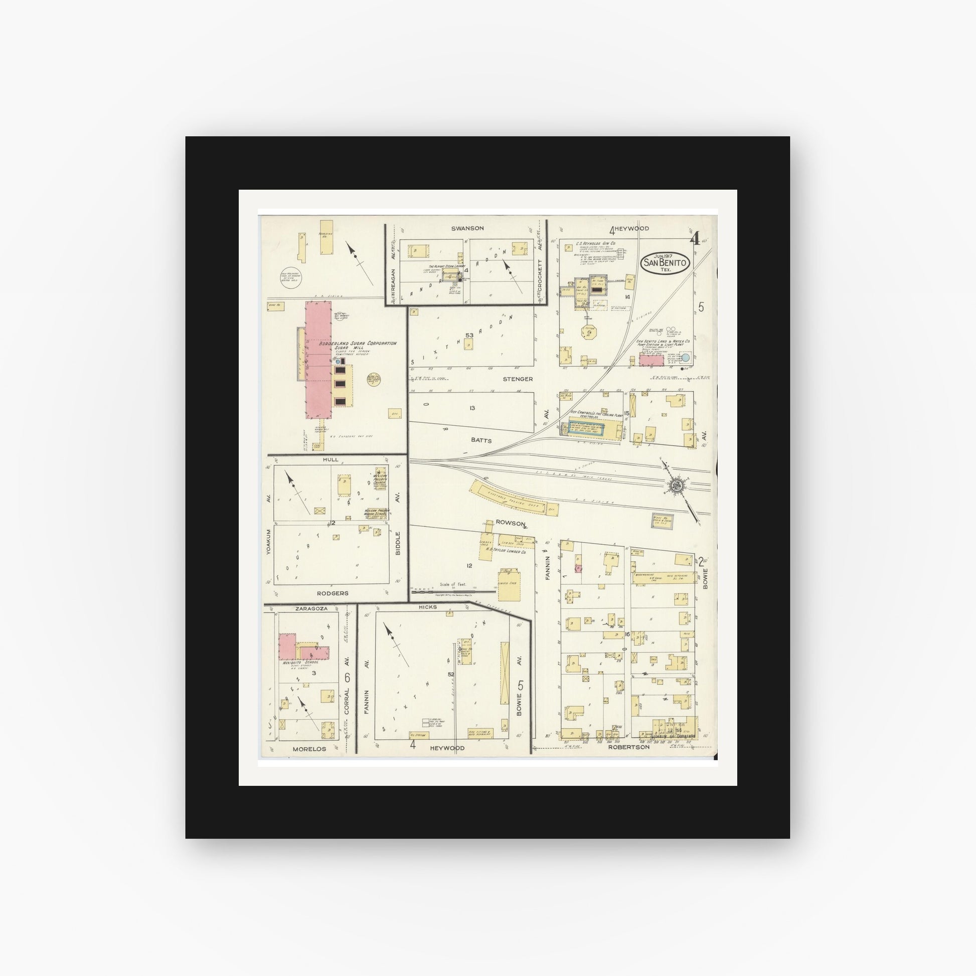 Old map wall art mockup — black gallery frame with white mat — Sanborn Fire Insurance Map from San Benito, Cameron County, Texas (1917), Sheet #0004