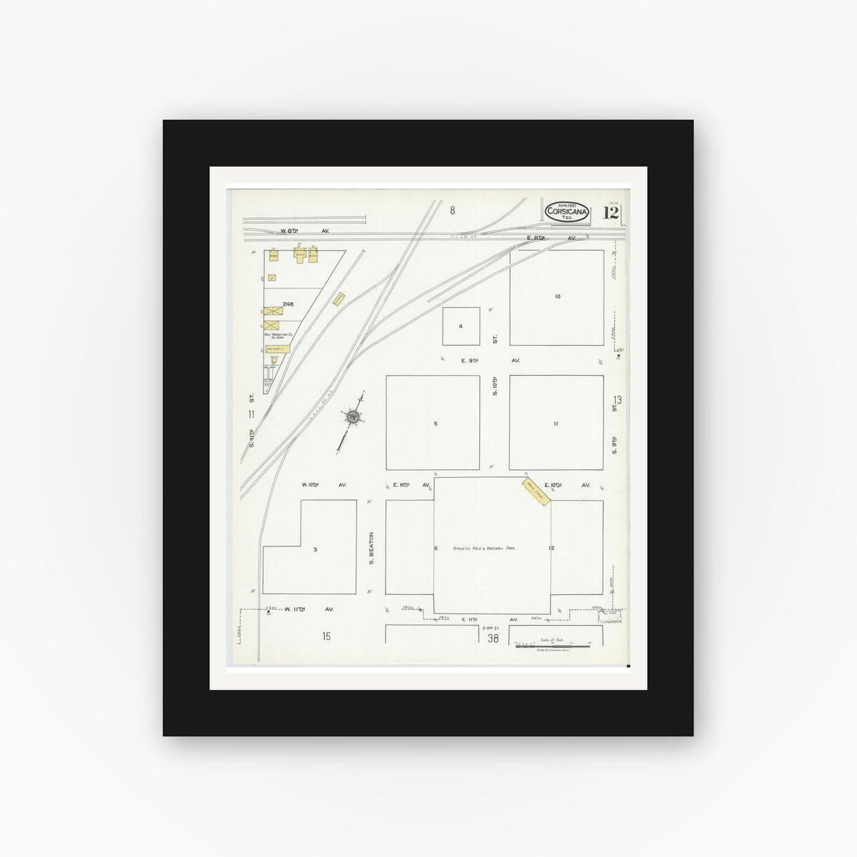 Old map wall art mockup — black gallery frame with white mat — Sanborn Fire Insurance Map from Corsicana, Navarro County, Texas (1921), Sheet #0012