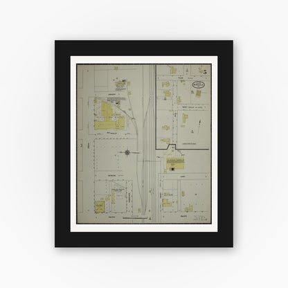 Old map wall art mockup — black gallery frame with white mat — Sanborn Fire Insurance Map from Mineola, Wood County, Texas (1912), Sheet #0005