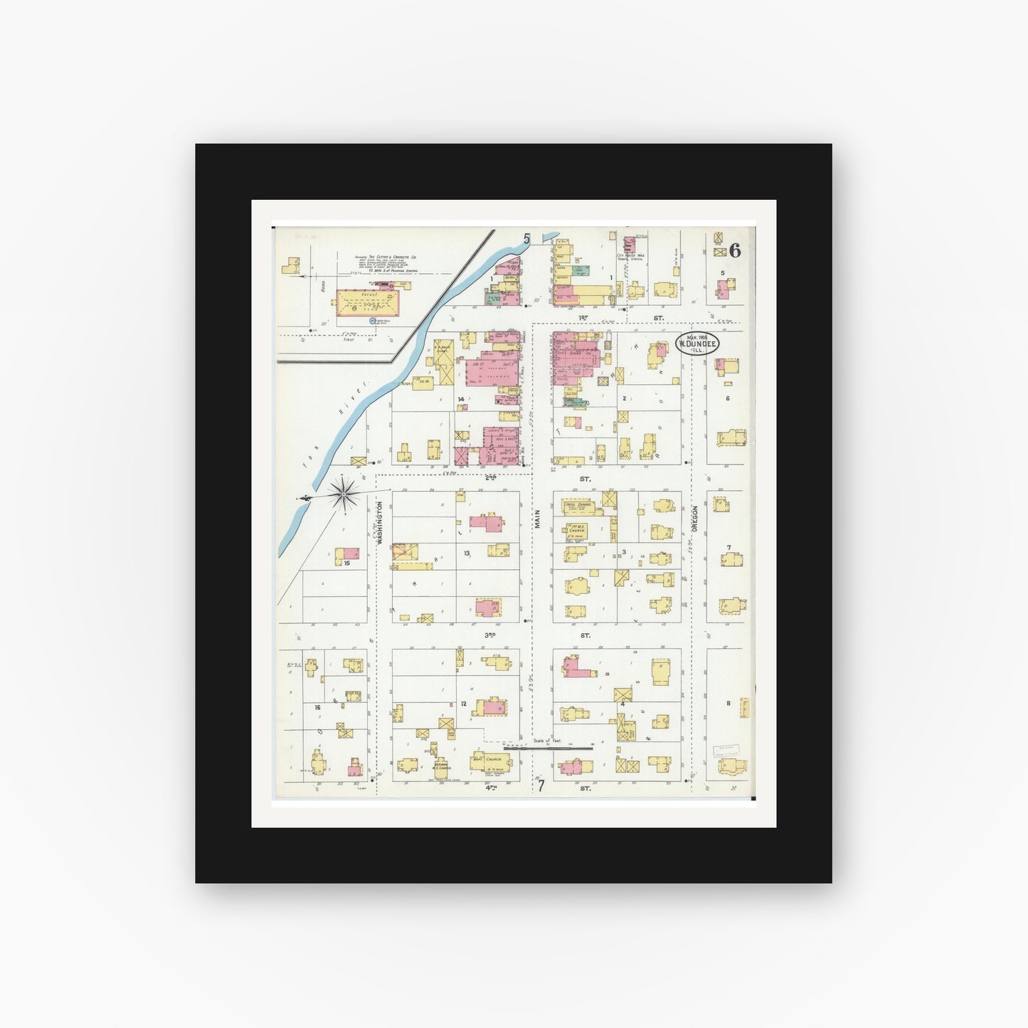 Old map wall art mockup — black gallery frame with white mat — Sanborn Fire Insurance Map from Dundee, Kane County, Illinois (1905), Sheet #0006