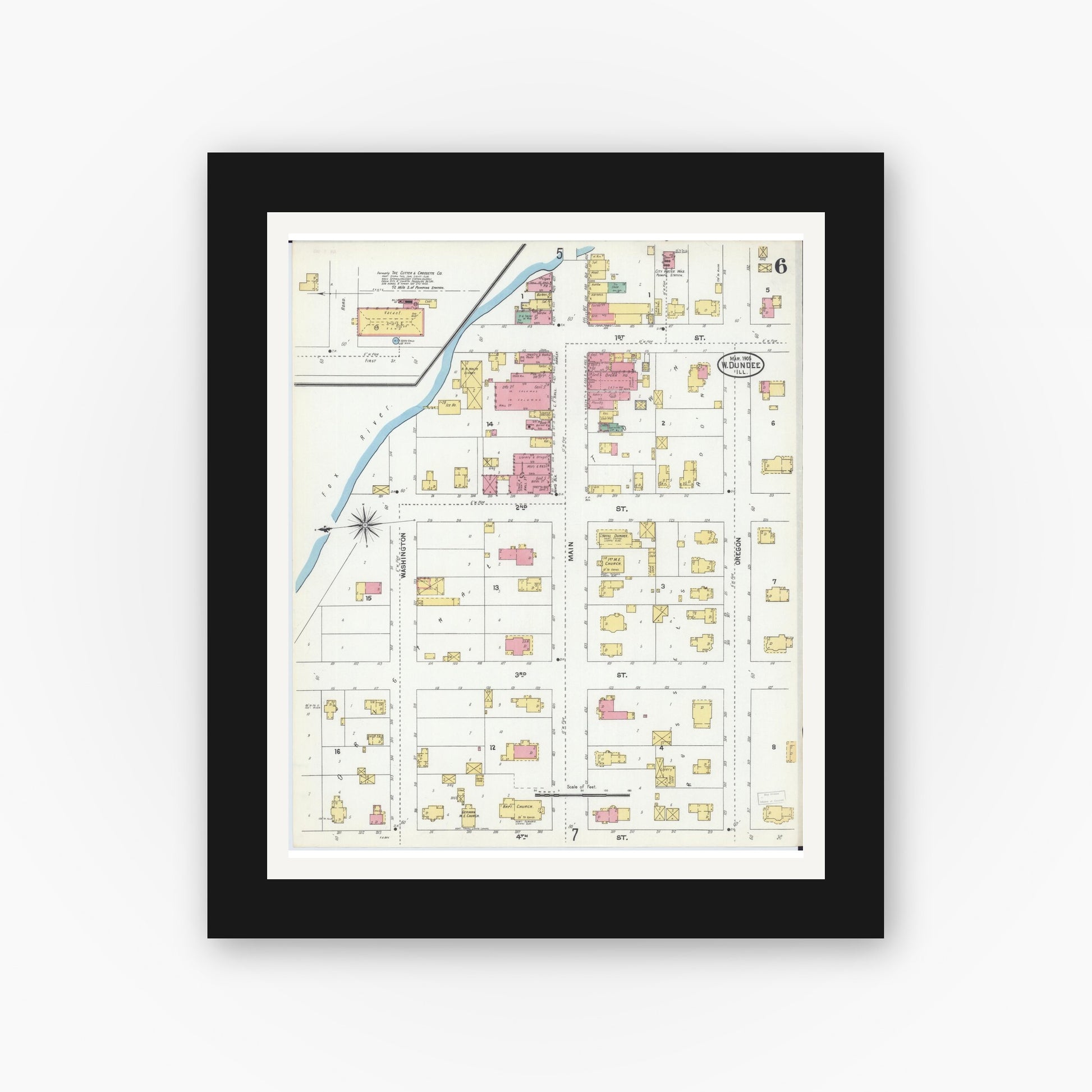 Old map wall art mockup — black gallery frame with white mat — Sanborn Fire Insurance Map from Dundee, Kane County, Illinois (1905), Sheet #0006