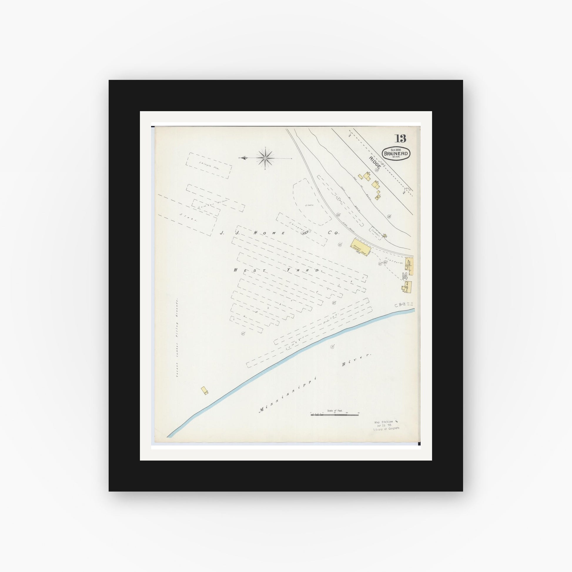 Old map wall art mockup — black gallery frame with white mat — Sanborn Fire Insurance Map from Brainerd, Crow Wing County, Minnesota (1892), Sheet #0013