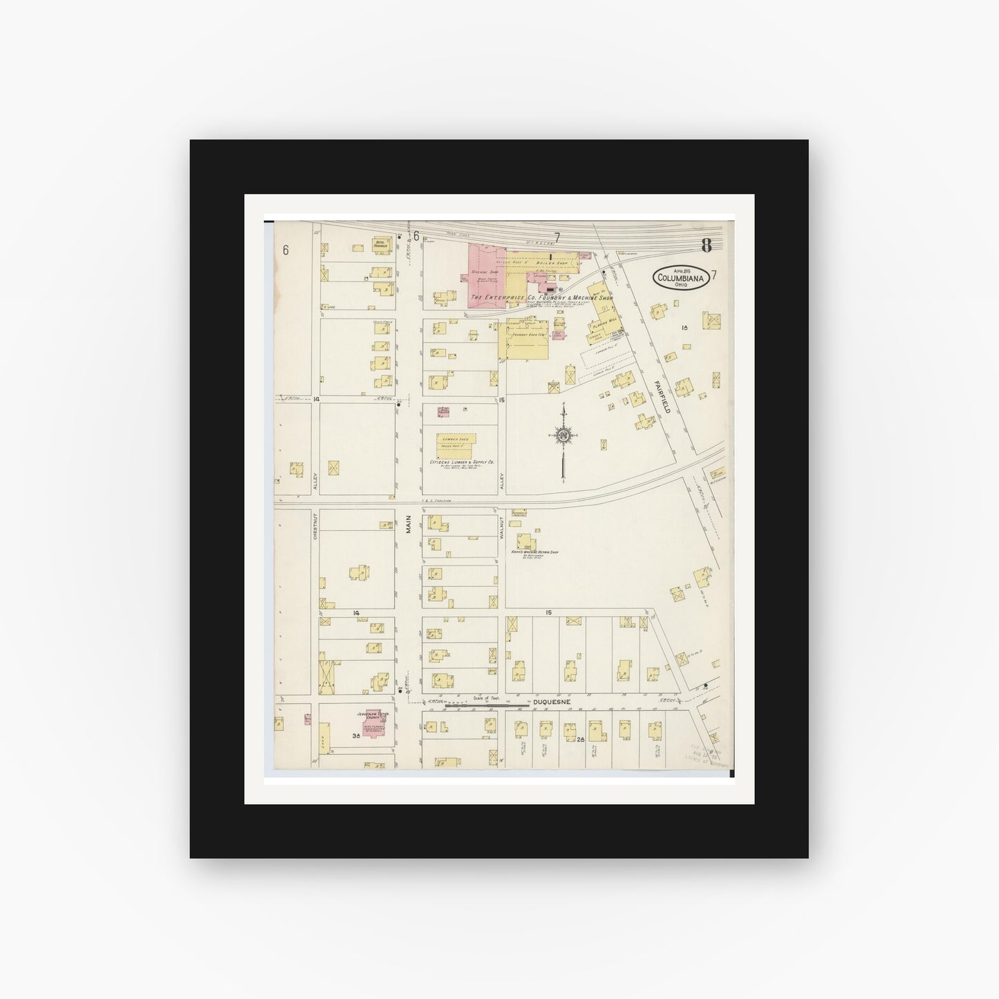 Old map wall art mockup — black gallery frame with white mat — Sanborn Fire Insurance Map from Columbiana, Columbiana County, Ohio (1915), Sheet #0008