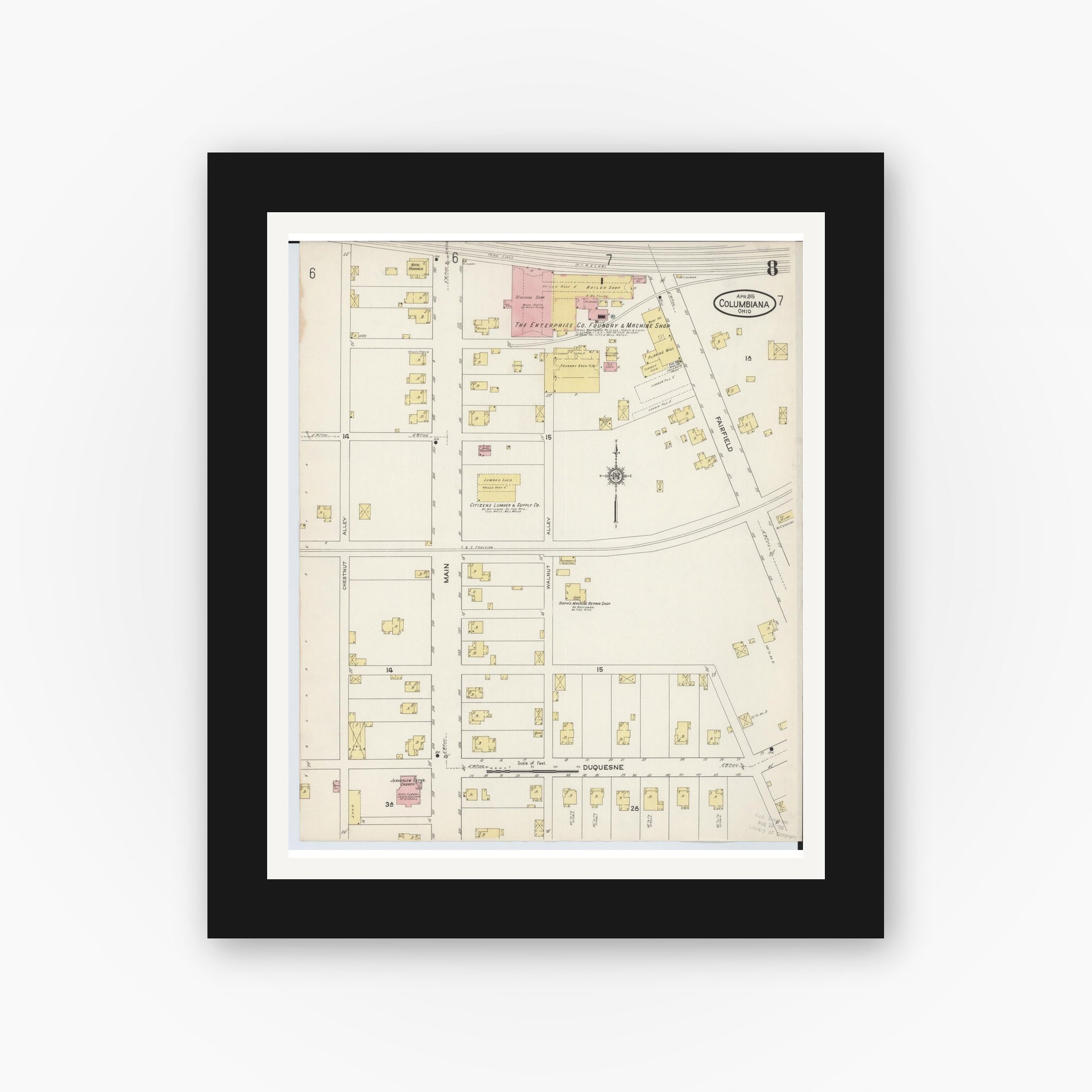 Old map wall art mockup — black gallery frame with white mat — Sanborn Fire Insurance Map from Columbiana, Columbiana County, Ohio (1915), Sheet #0008