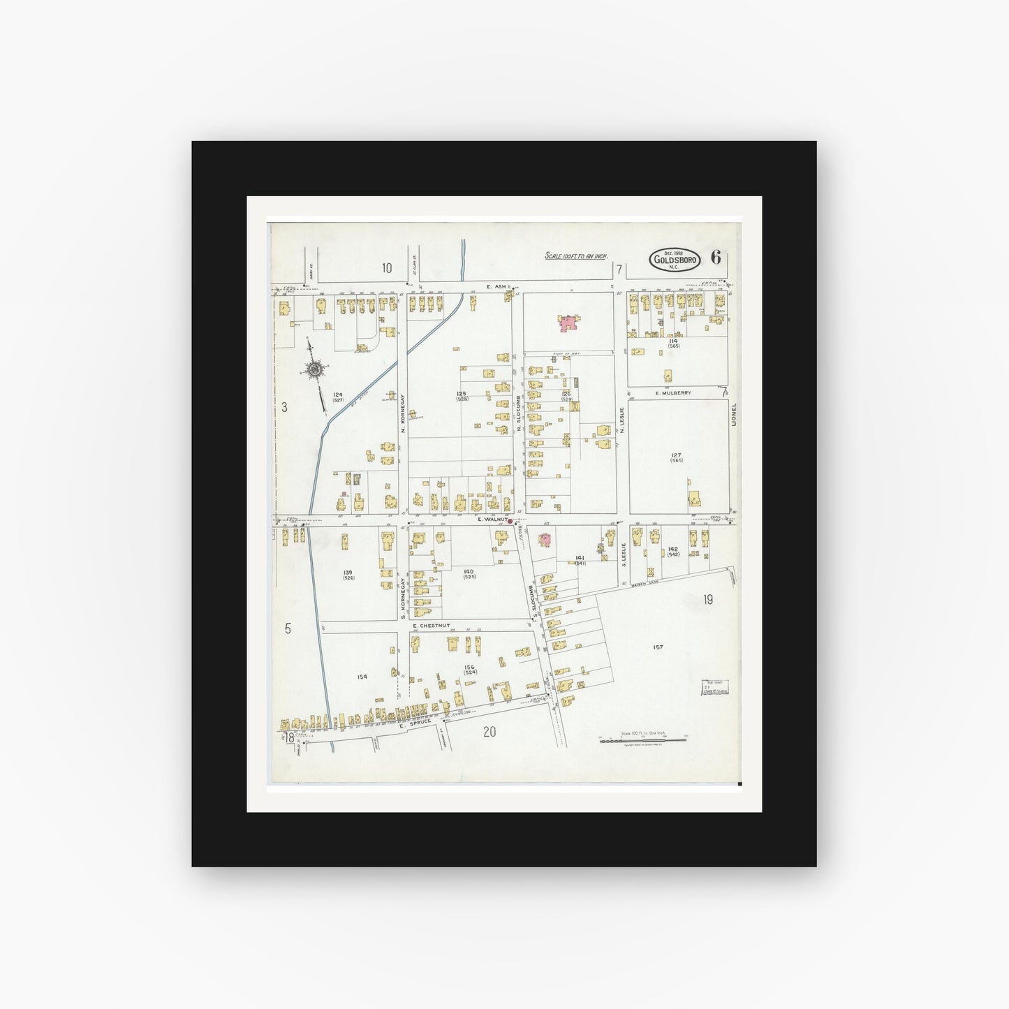 Old map wall art mockup — black gallery frame with white mat — Sanborn Fire Insurance Map from Goldsboro, Wayne County, North Carolina (1918), Sheet #0006