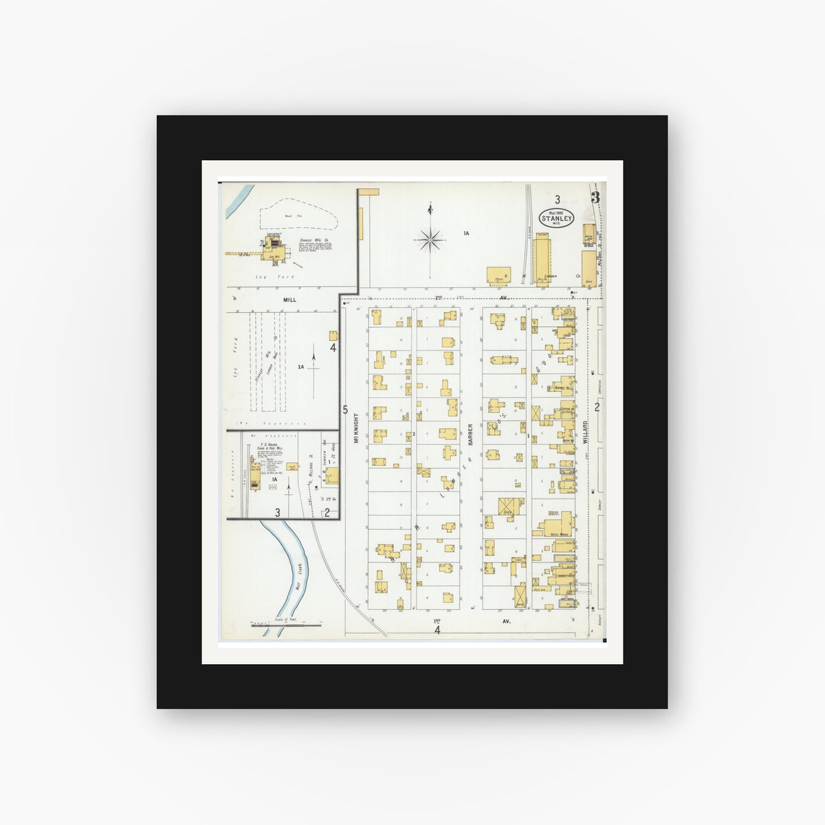 Old map wall art mockup — black gallery frame with white mat — Sanborn Fire Insurance Map from Stanley, Chippewa County, Wisconsin (1900), Sheet #0003