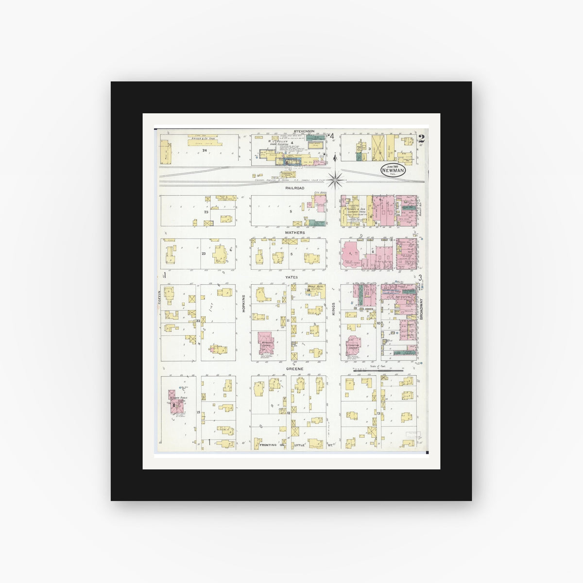 Old map wall art mockup — black gallery frame with white mat — Sanborn Fire Insurance Map from Newman, Douglas County, Illinois (1909), Sheet #0002
