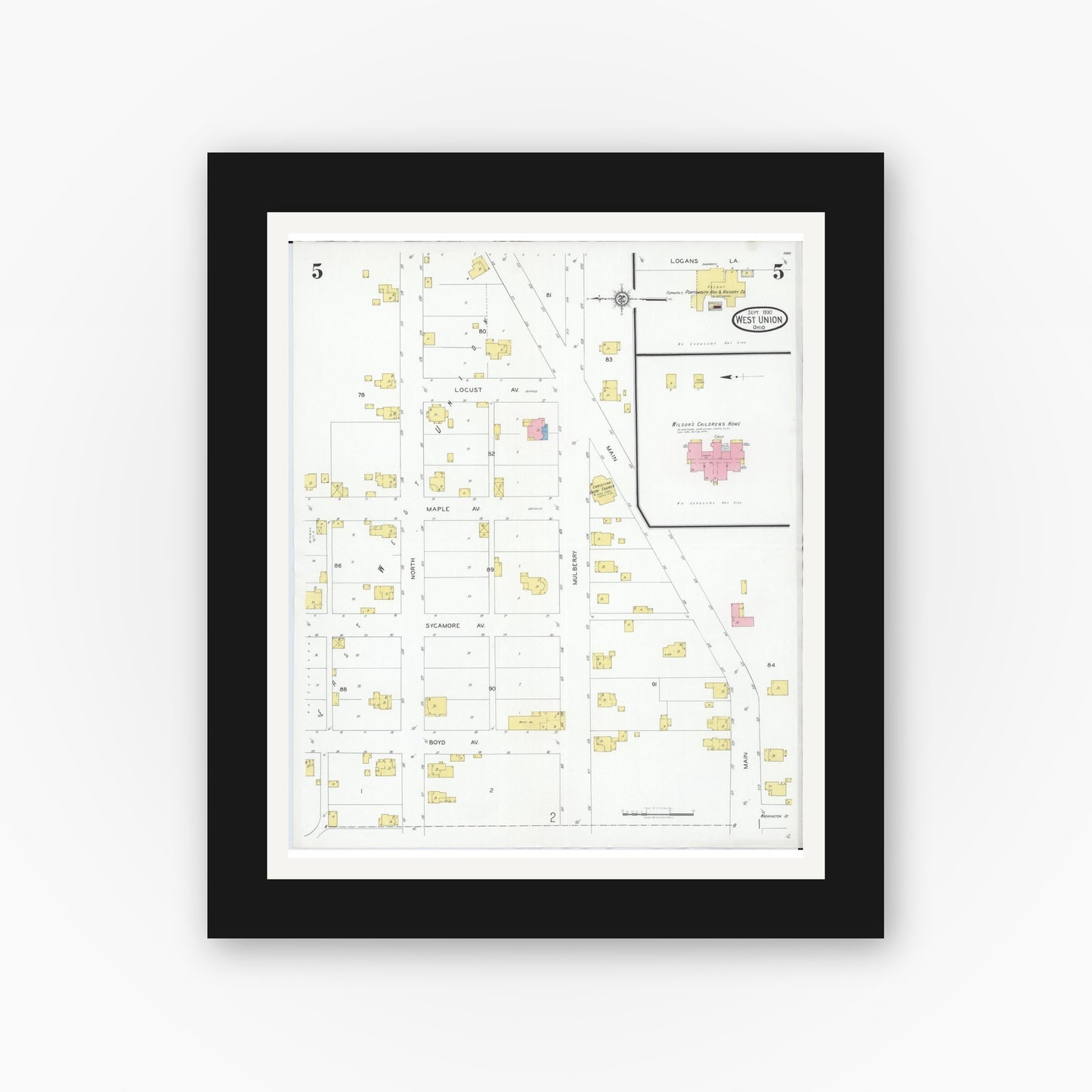 Old map wall art mockup — black gallery frame with white mat — Sanborn Fire Insurance Map from West Union, Adams County, Ohio (1930), Sheet #0005
