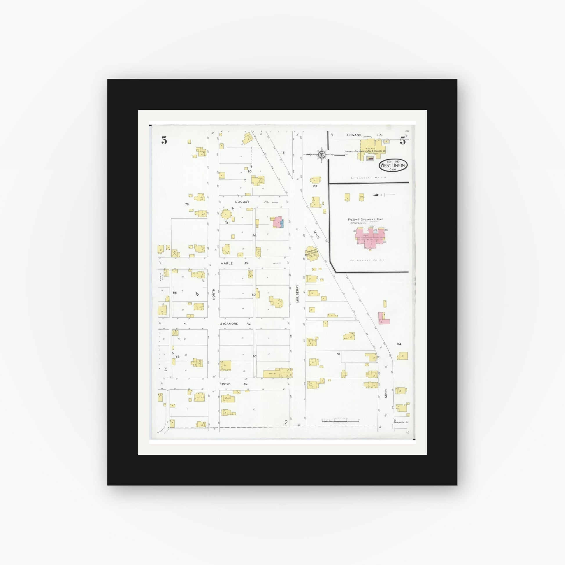 Old map wall art mockup — black gallery frame with white mat — Sanborn Fire Insurance Map from West Union, Adams County, Ohio (1930), Sheet #0005