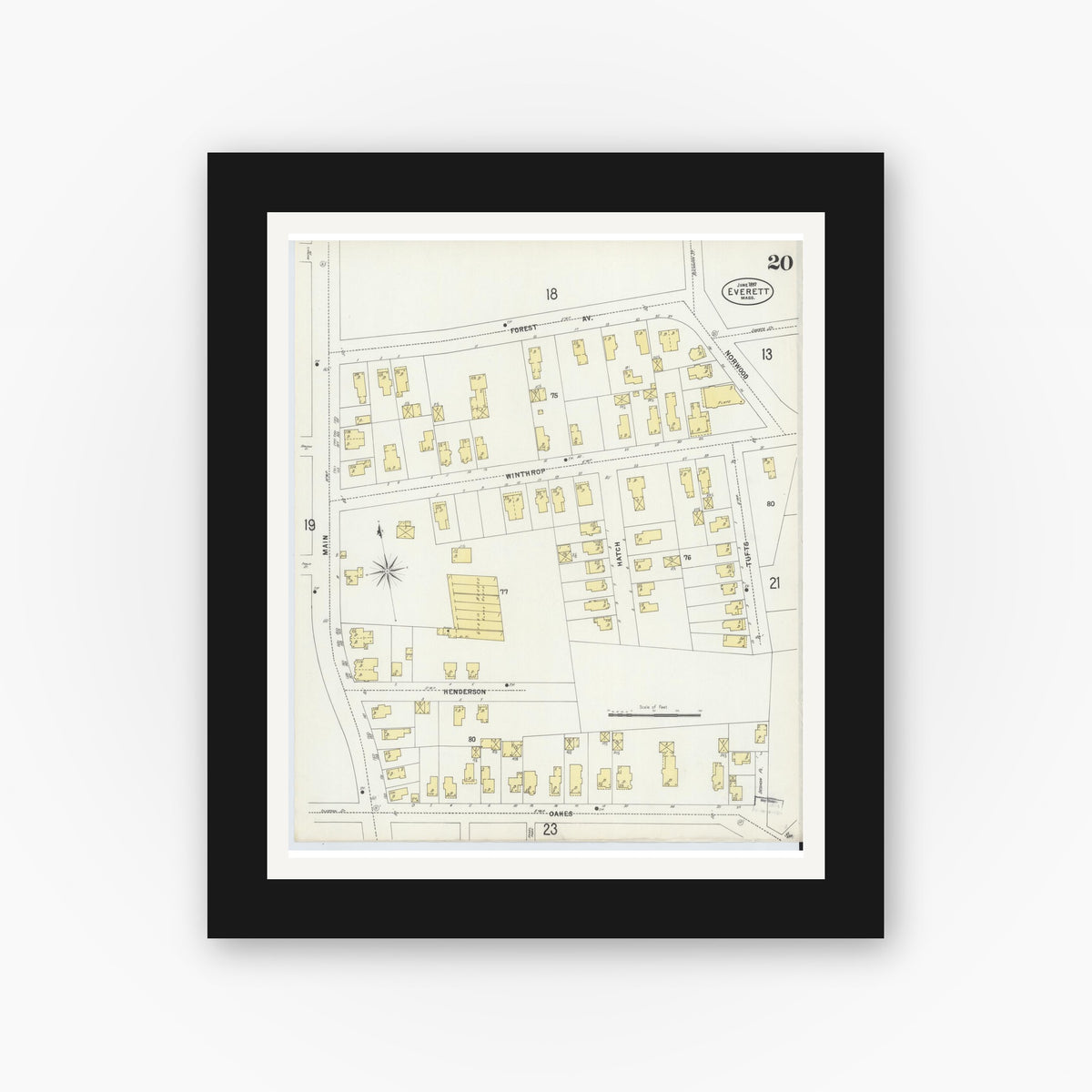 Old map wall art mockup — black gallery frame with white mat — Sanborn Fire Insurance Map from Everett, Middlesex County, Massachusetts (1897), Sheet #0020