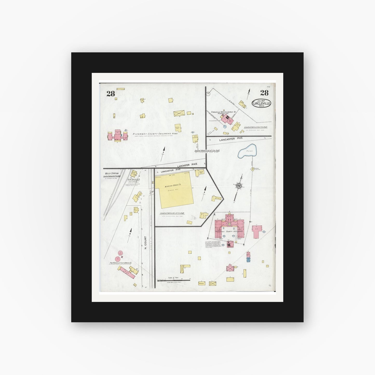 Old map wall art mockup — black gallery frame with white mat — Sanborn Fire Insurance Map from Circleville, Pickaway County, Ohio (1927), Sheet #0028