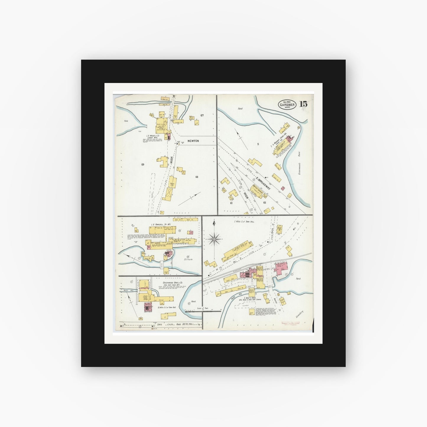 Old map wall art mockup — black gallery frame with white mat — Sanborn Fire Insurance Map from Gardner, Worcester County, Massachusetts (1900), Sheet #0015