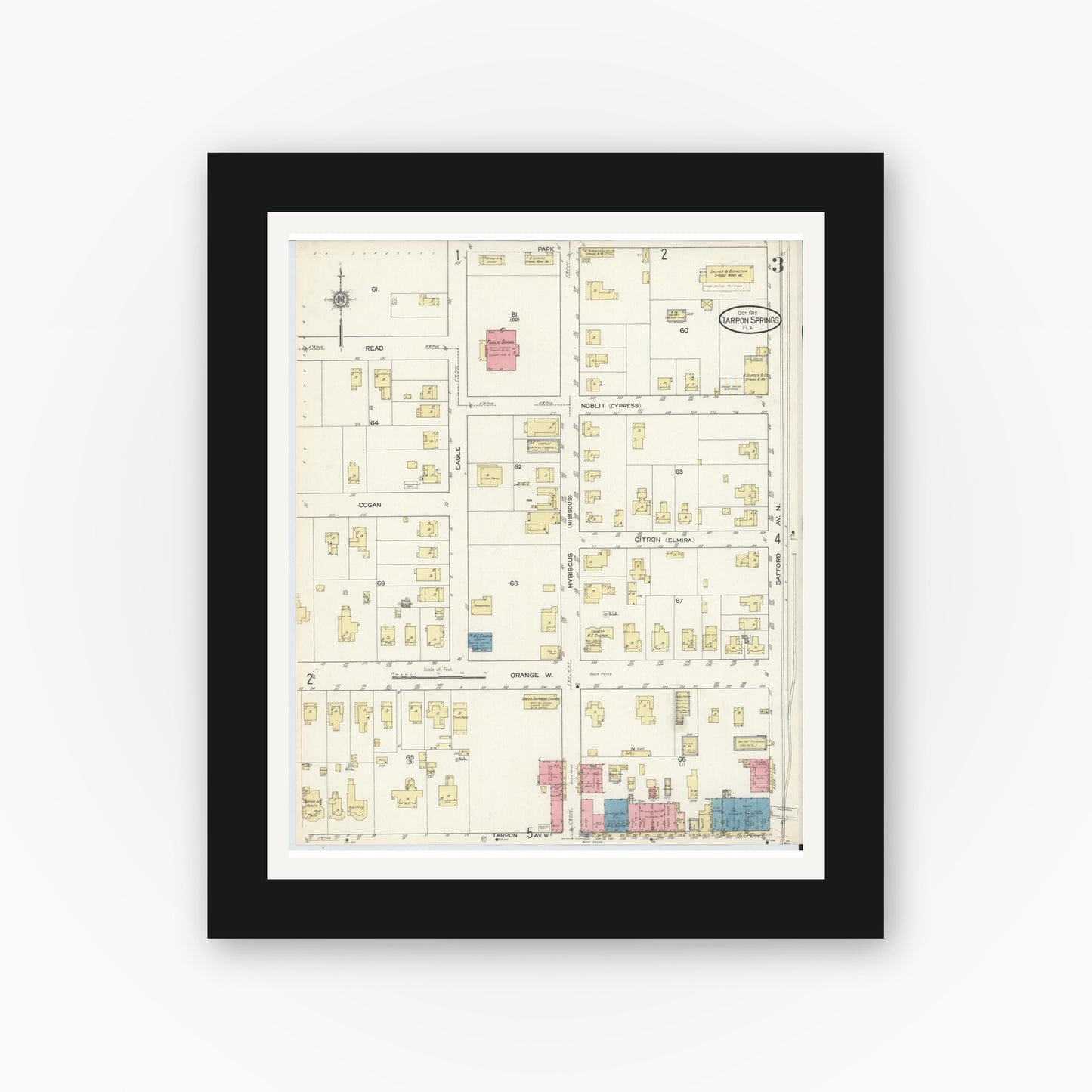 Old map wall art mockup — black gallery frame with white mat — Sanborn Fire Insurance Map from Tarpon Springs, Pinellas County, Florida (1913), Sheet #0003