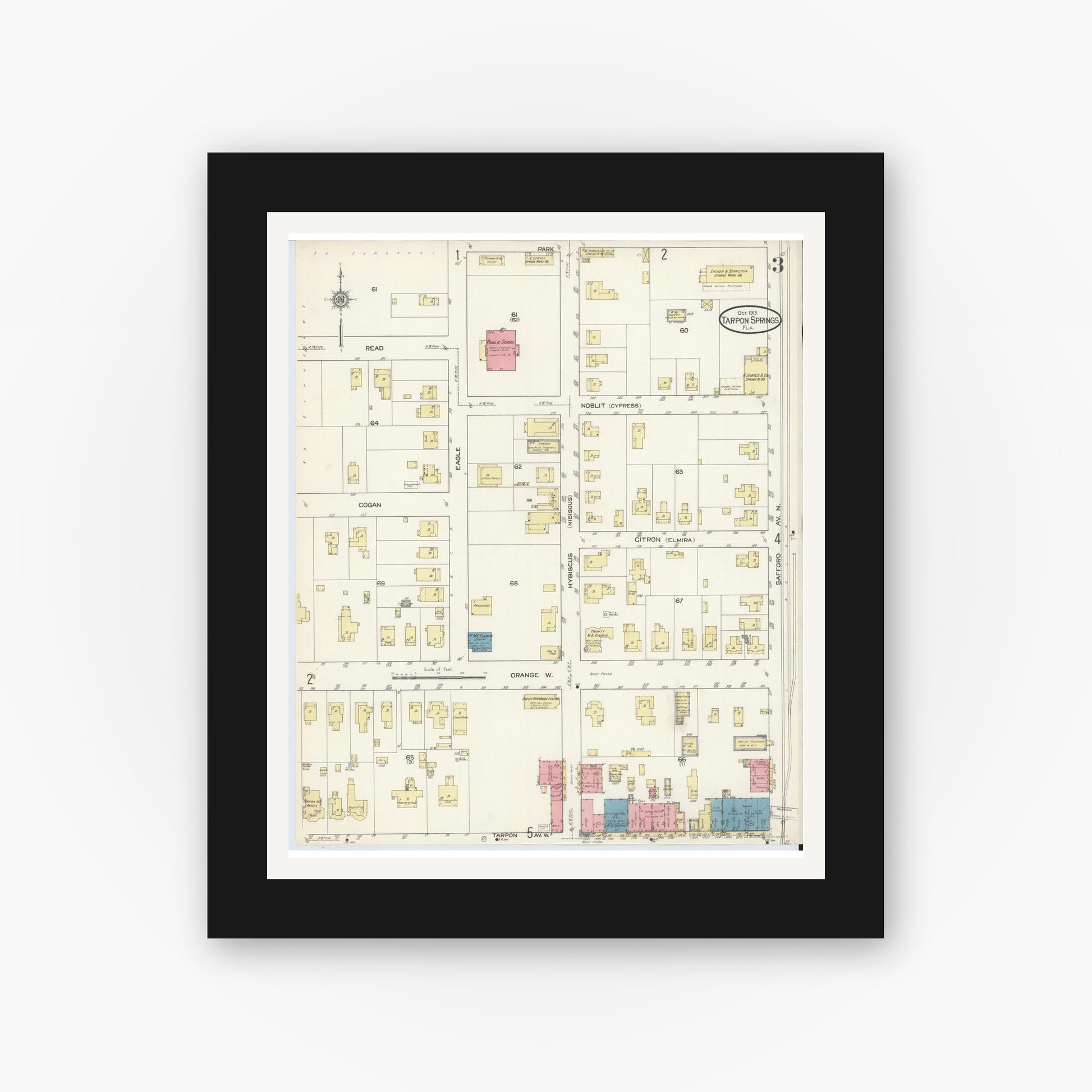 Old map wall art mockup — black gallery frame with white mat — Sanborn Fire Insurance Map from Tarpon Springs, Pinellas County, Florida (1913), Sheet #0003