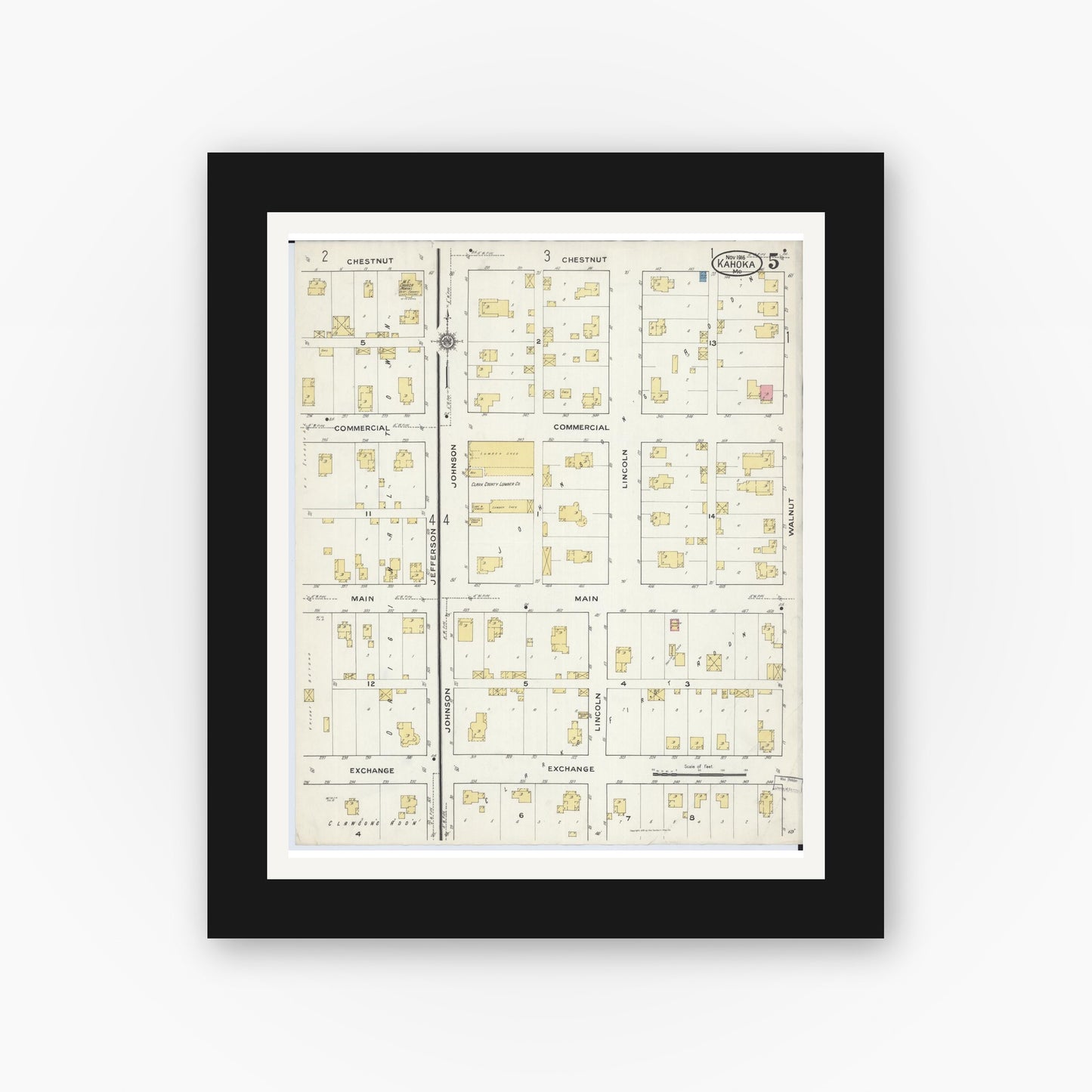 Old map wall art mockup — black gallery frame with white mat — Sanborn Fire Insurance Map from Kahoka, Clark County, Missouri (1916), Sheet #0005