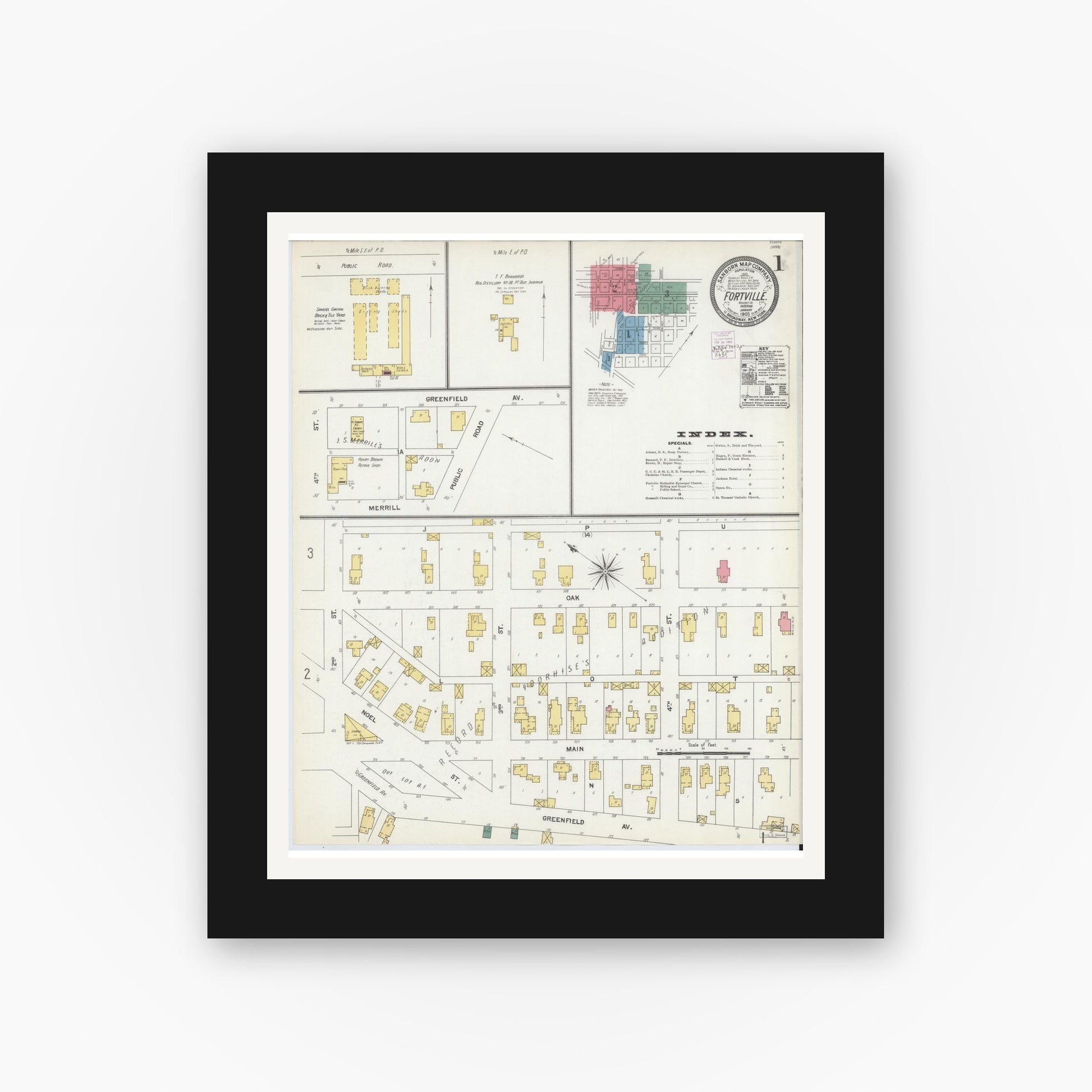 Old map wall art mockup — black gallery frame with white mat — Sanborn Fire Insurance Map from Fortville, Hancock County, Indiana (1903) - Complete Map Set