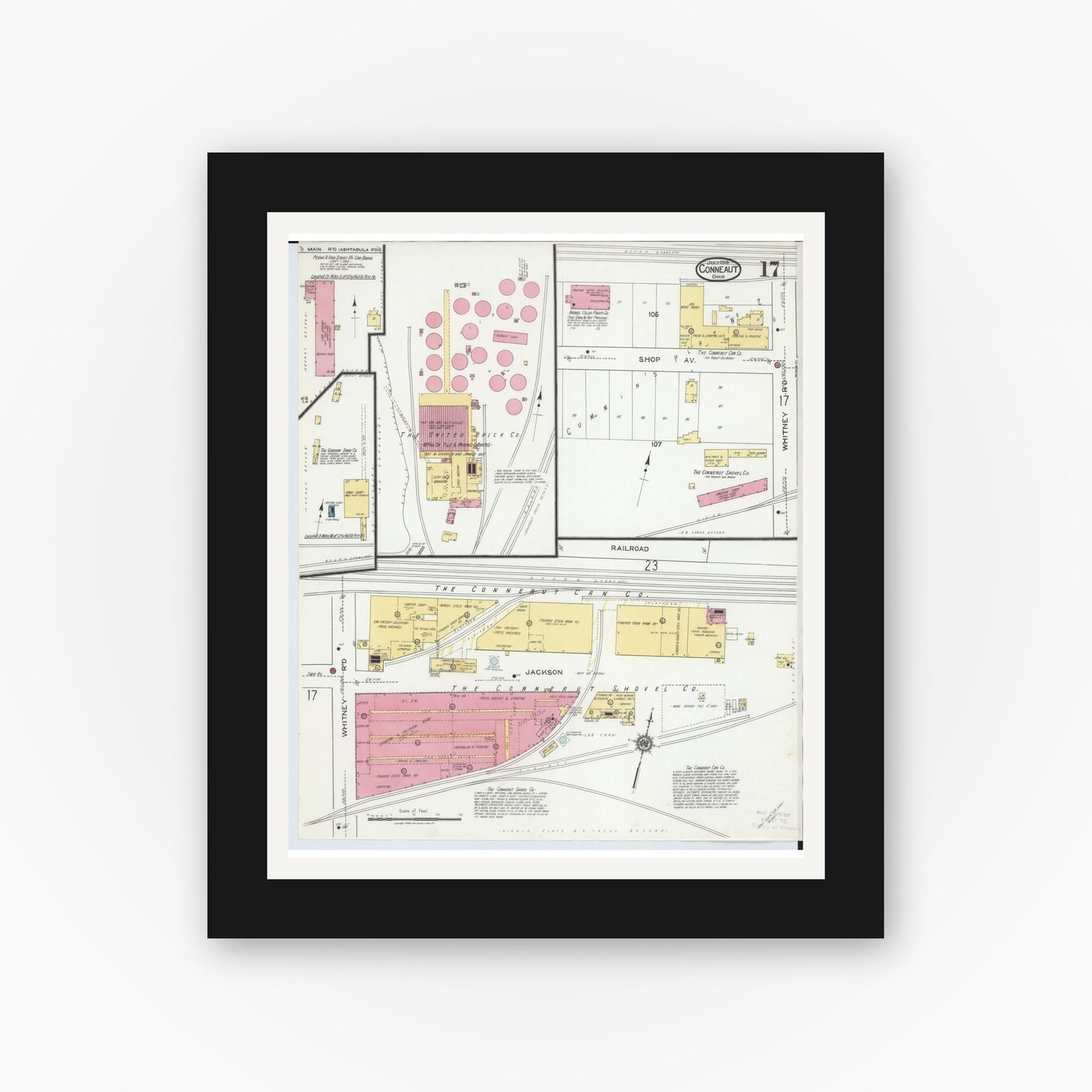 Old map wall art mockup — black gallery frame with white mat — Sanborn Fire Insurance Map from Conneaut, Ashtabula County, Ohio (1919), Sheet #0017