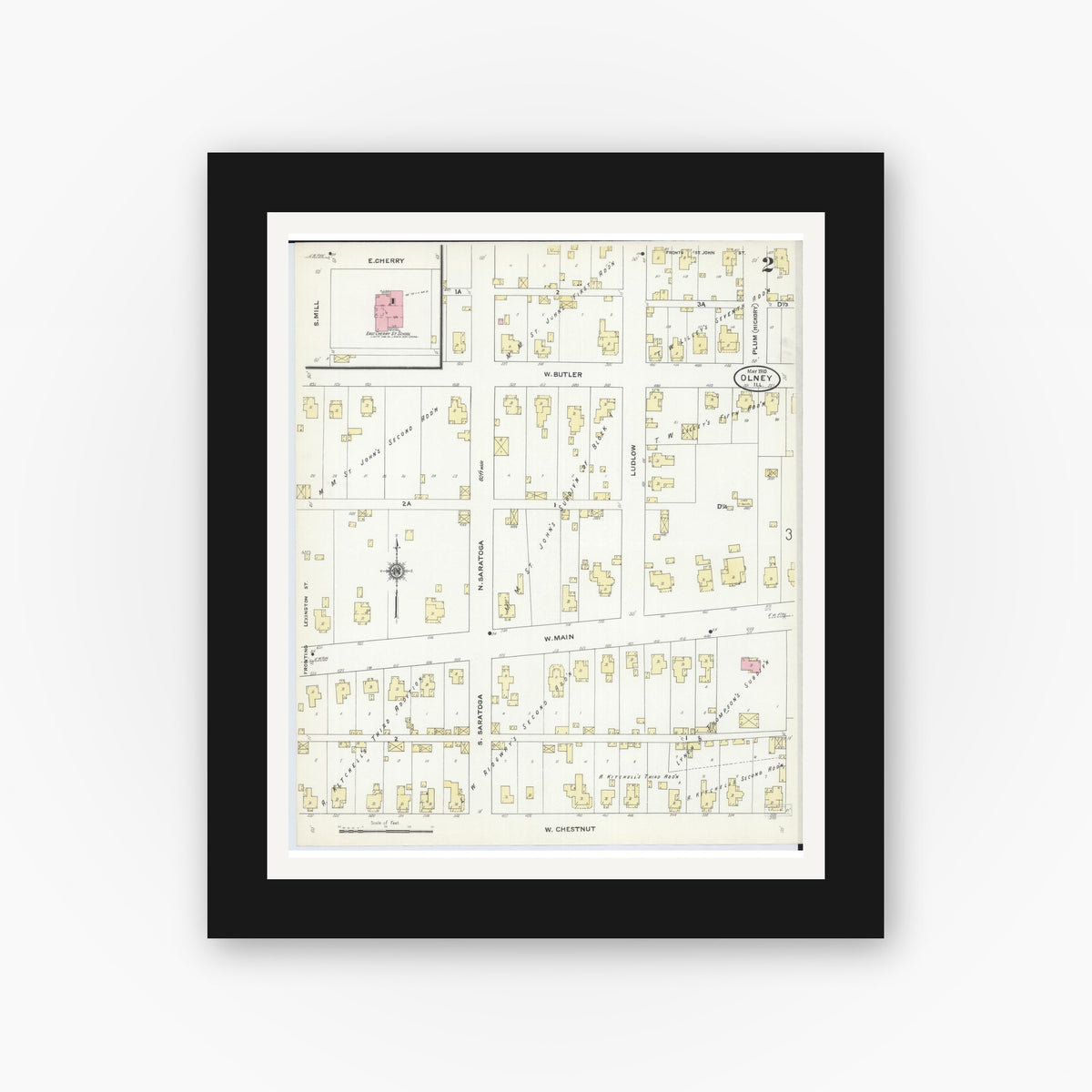 Old map wall art mockup — black gallery frame with white mat — Sanborn Fire Insurance Map from Olney, Richland County, Illinois (1910), Sheet #0002