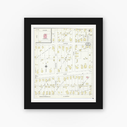 Old map wall art mockup — black gallery frame with white mat — Sanborn Fire Insurance Map from Olney, Richland County, Illinois (1910), Sheet #0002