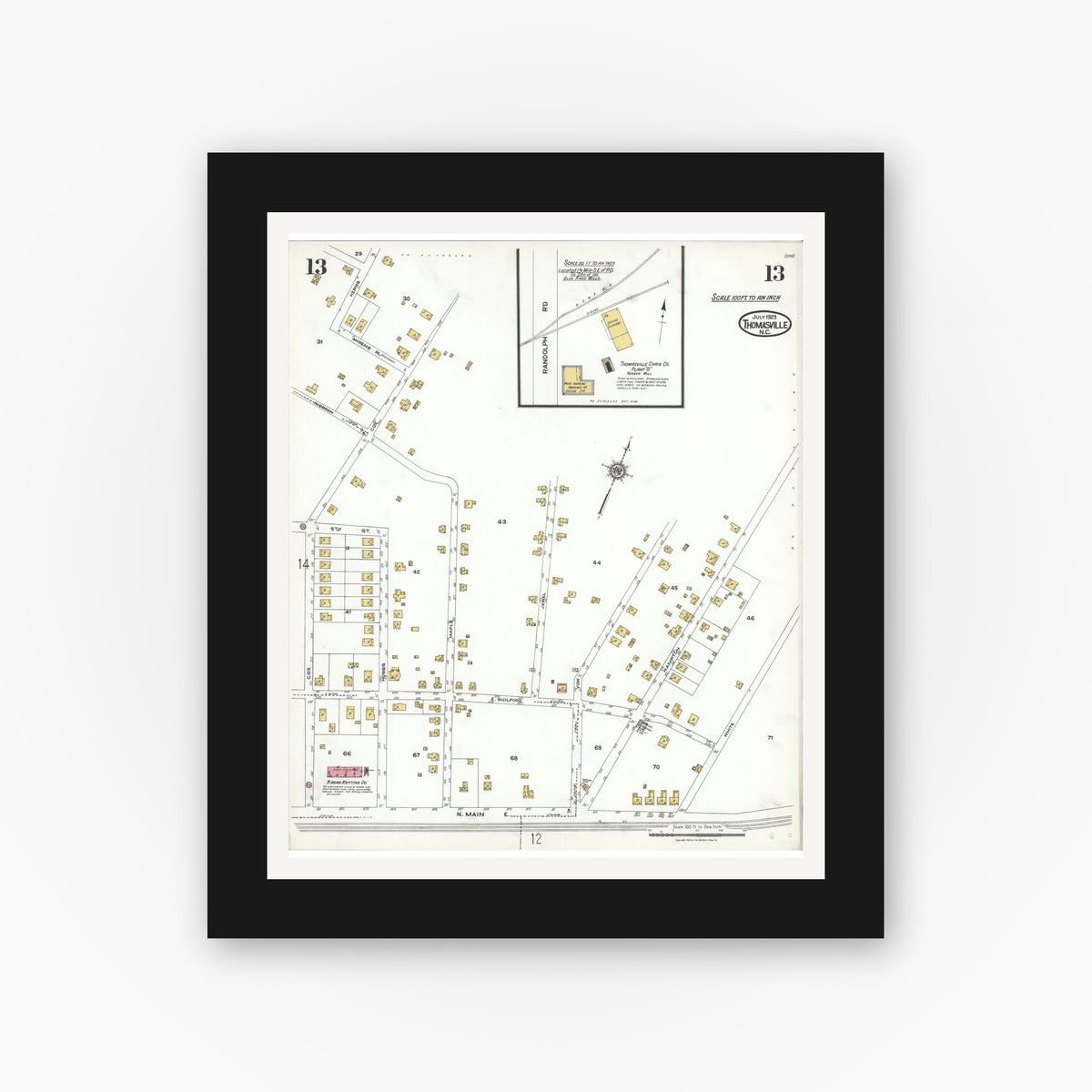 Old map wall art mockup — black gallery frame with white mat — Sanborn Fire Insurance Map from Thomasville, Davidson County, North Carolina (1923), Sheet #0013