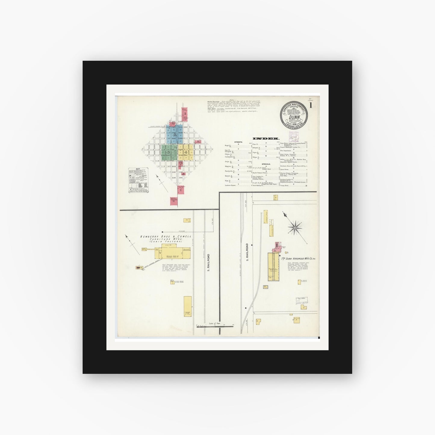 Old map wall art mockup — black gallery frame with white mat — Sanborn Fire Insurance Map from Dunn, Harnett County, North Carolina (1908) - Complete Map Set