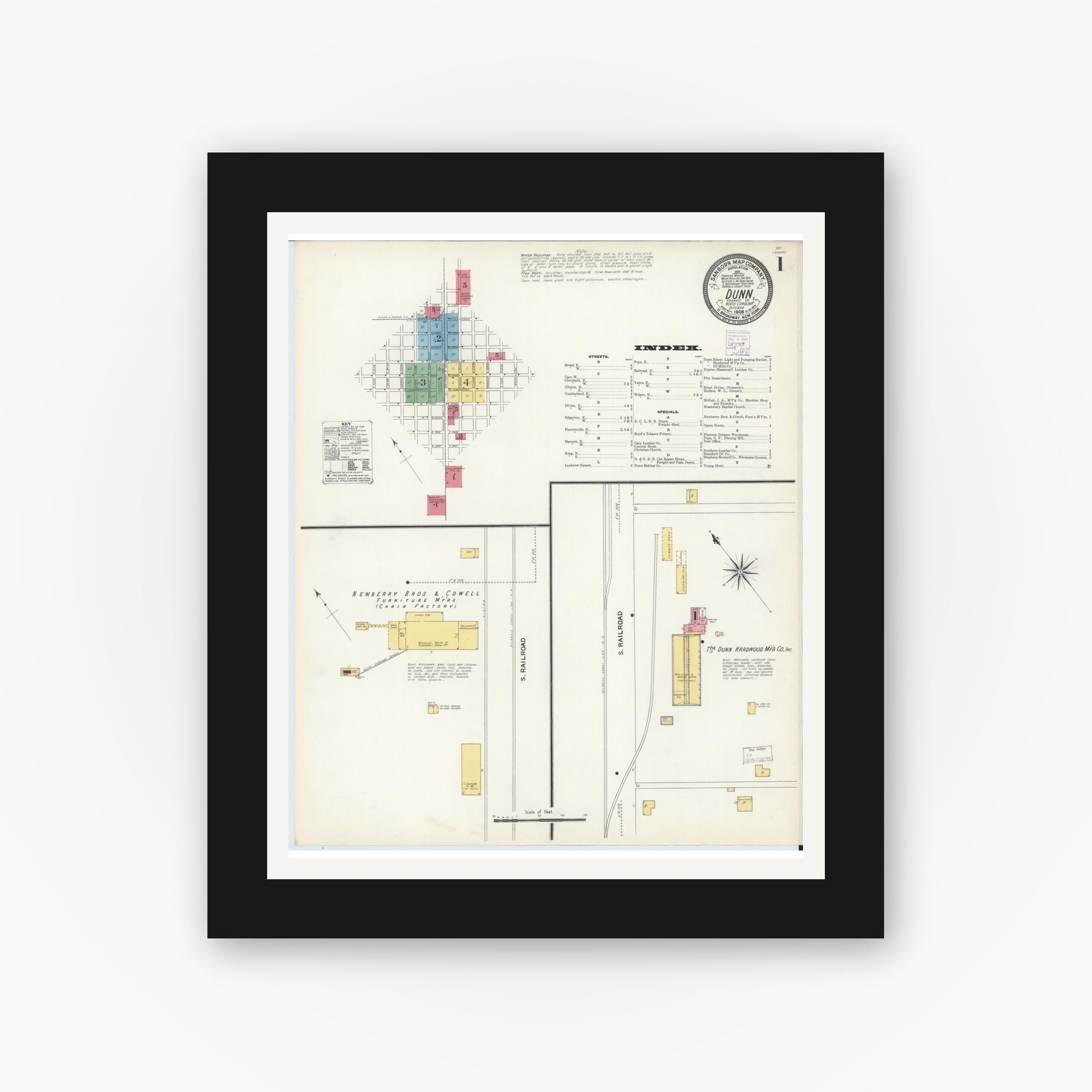 Old map wall art mockup — black gallery frame with white mat — Sanborn Fire Insurance Map from Dunn, Harnett County, North Carolina (1908) - Complete Map Set