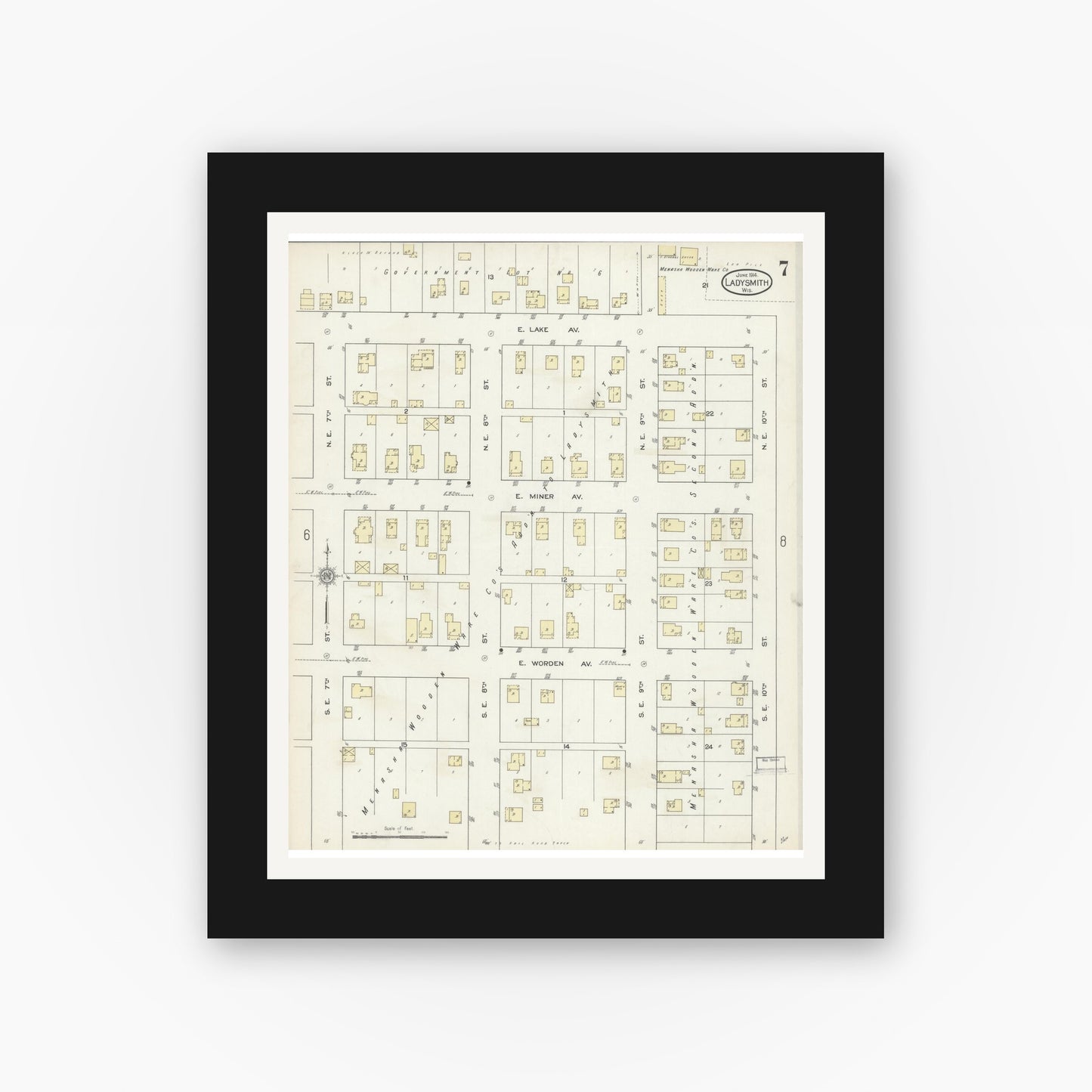 Old map wall art mockup — black gallery frame with white mat — Sanborn Fire Insurance Map from Ladysmith, Rusk County, Wisconsin (1914), Sheet #0007