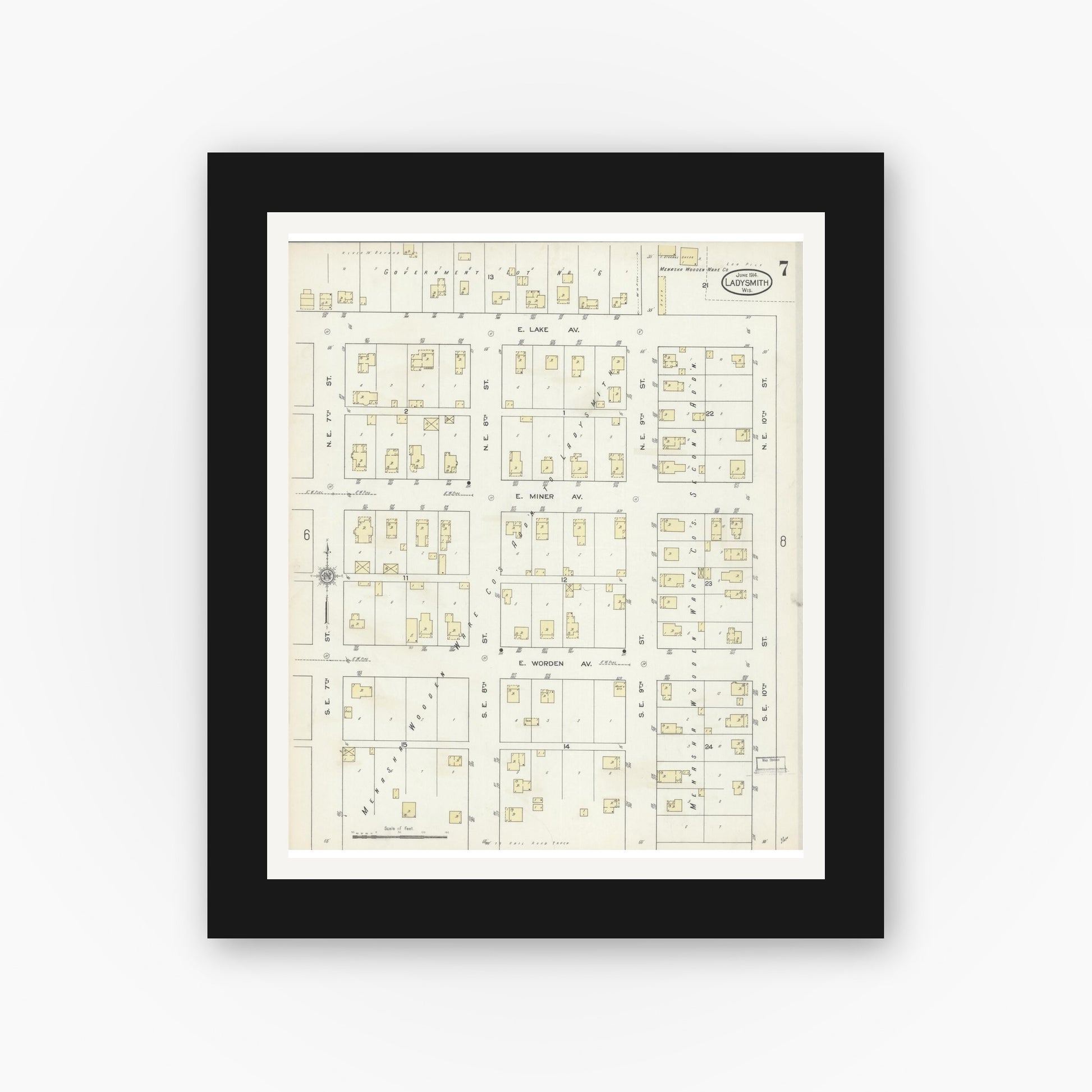 Old map wall art mockup — black gallery frame with white mat — Sanborn Fire Insurance Map from Ladysmith, Rusk County, Wisconsin (1914), Sheet #0007
