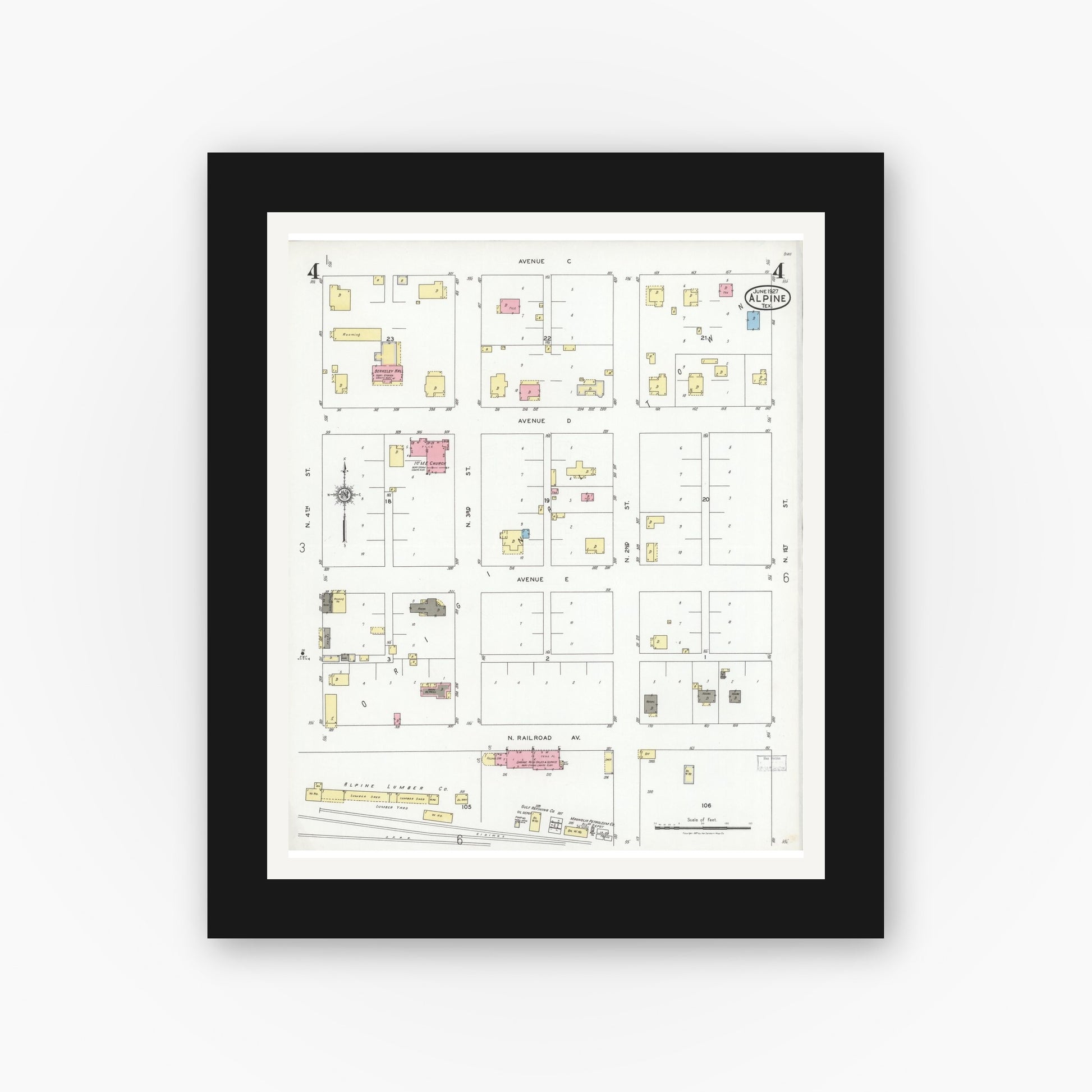 Old map wall art mockup — black gallery frame with white mat — Sanborn Fire Insurance Map from Alpine, Brewster County, Texas (1927), Sheet #0004