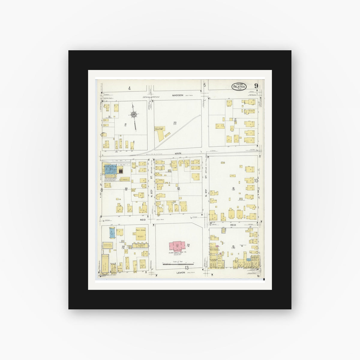 Old map wall art mockup — black gallery frame with white mat — Sanborn Fire Insurance Map from Palatka, Putnam County, Florida (1915), Sheet #0009