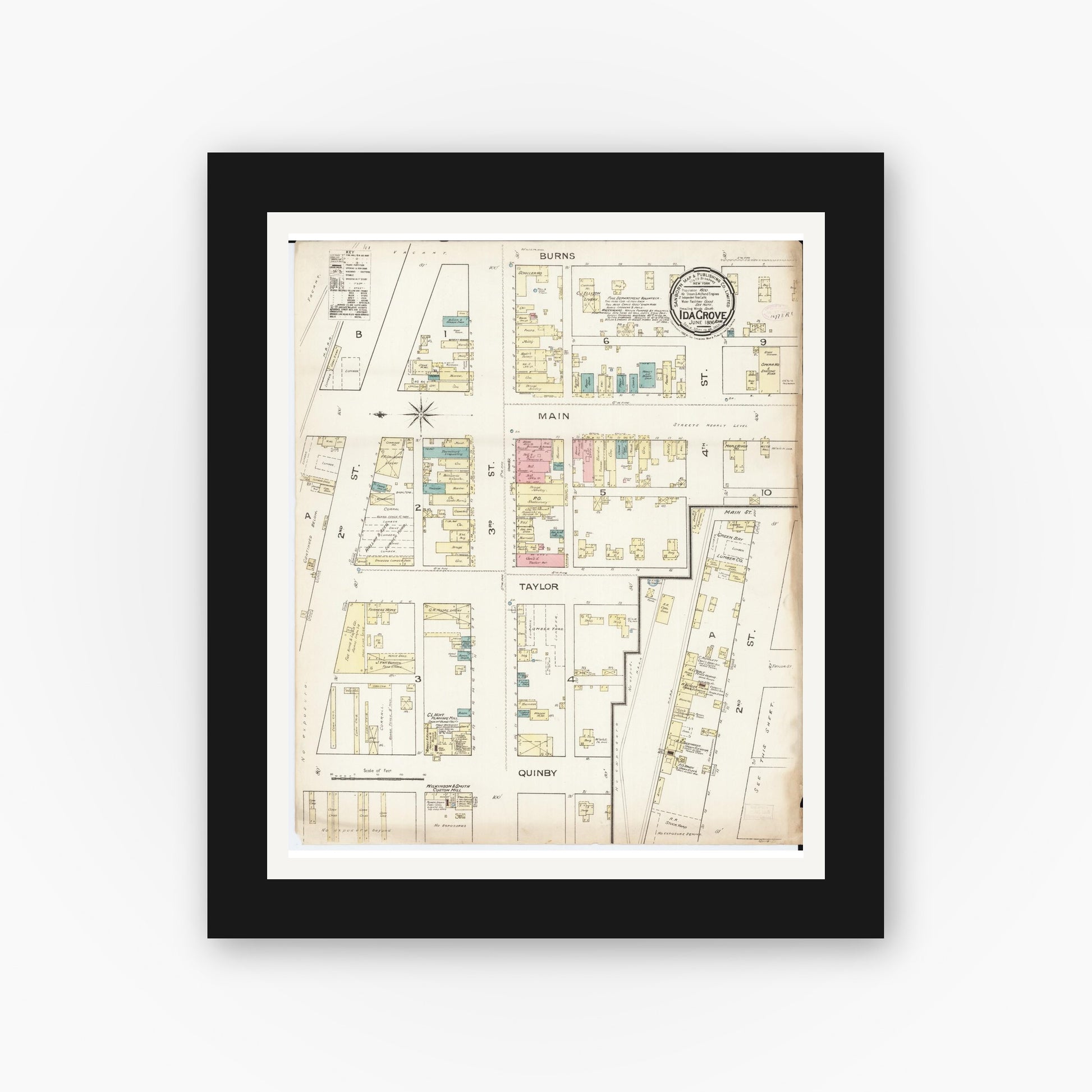 Old map wall art mockup — black gallery frame with white mat — Sanborn Fire Insurance Map from Ida Grove, Ida County, Iowa (1886), Sheet #0001