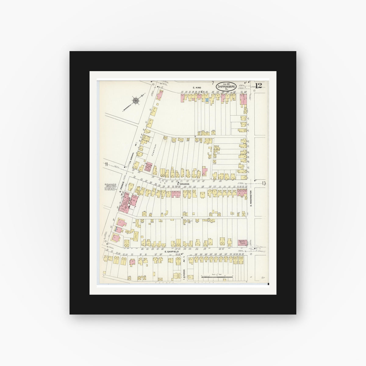 Old map wall art mockup — black gallery frame with white mat — Sanborn Fire Insurance Map from Shippensburg, Cumberland And Franklin Counties, Pennsylvania (1910), Sheet #0012