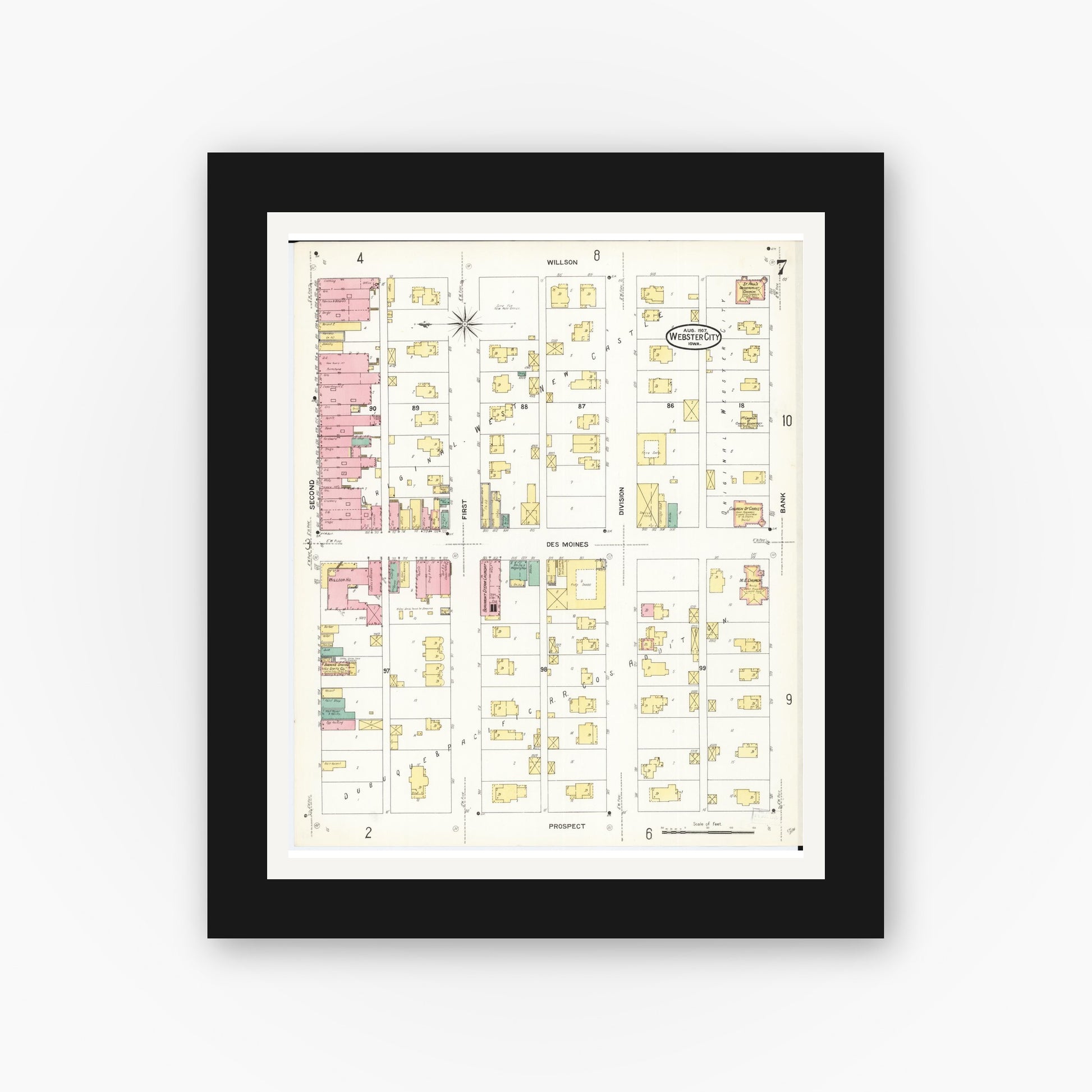 Old map wall art mockup — black gallery frame with white mat — Sanborn Fire Insurance Map from Webster City, Hamilton County, Iowa (1907), Sheet #0007