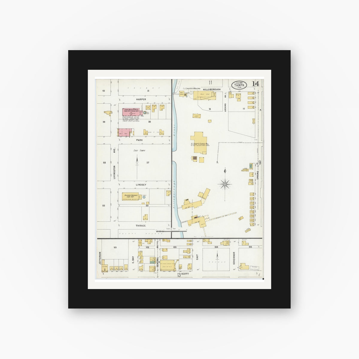 Old map wall art mockup — black gallery frame with white mat — Sanborn Fire Insurance Map from Tampa, Hillsborough County, Florida (1899), Sheet #0014