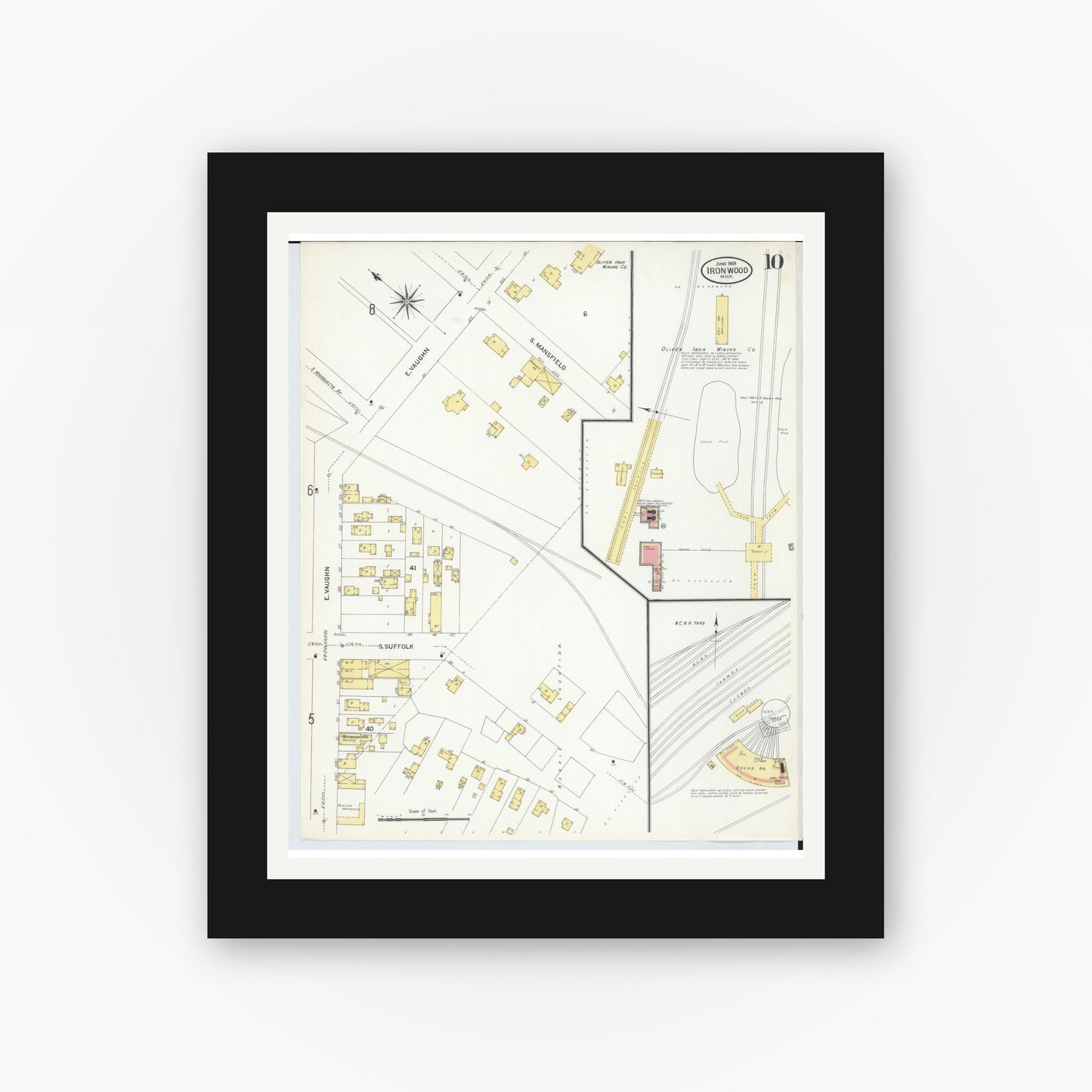 Old map wall art mockup — black gallery frame with white mat — Sanborn Fire Insurance Map from Ironwood, Gogebic County, Michigan (1908), Sheet #0010