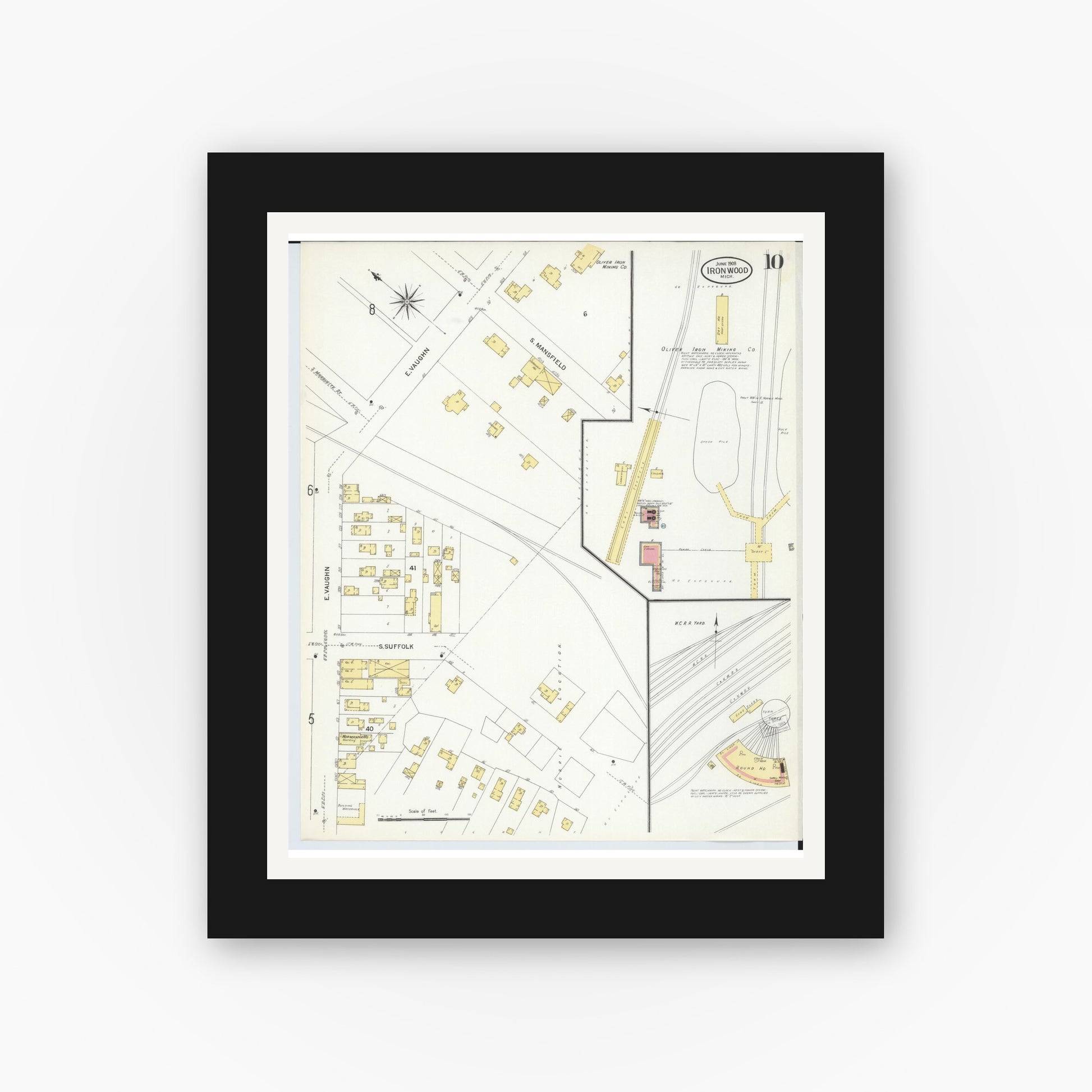 Old map wall art mockup — black gallery frame with white mat — Sanborn Fire Insurance Map from Ironwood, Gogebic County, Michigan (1908), Sheet #0010