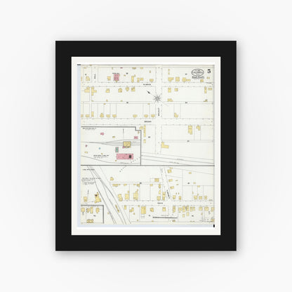Old map wall art mockup — black gallery frame with white mat — Sanborn Fire Insurance Map from Caldwell, Noble County, Ohio (1905), Sheet #0005