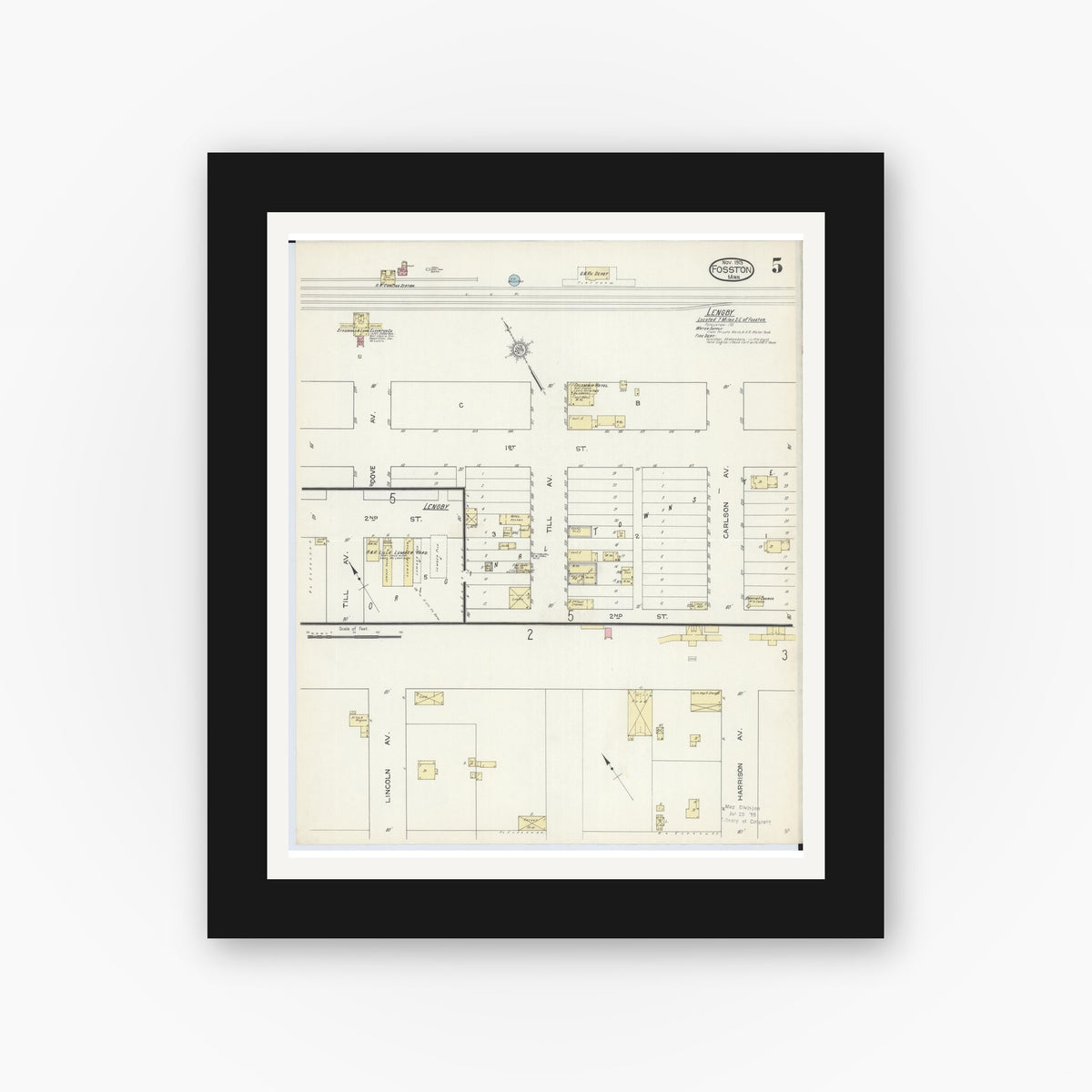 Old map wall art mockup — black gallery frame with white mat — Sanborn Fire Insurance Map from Fosston, Polk County, Minnesota (1913), Sheet #0005