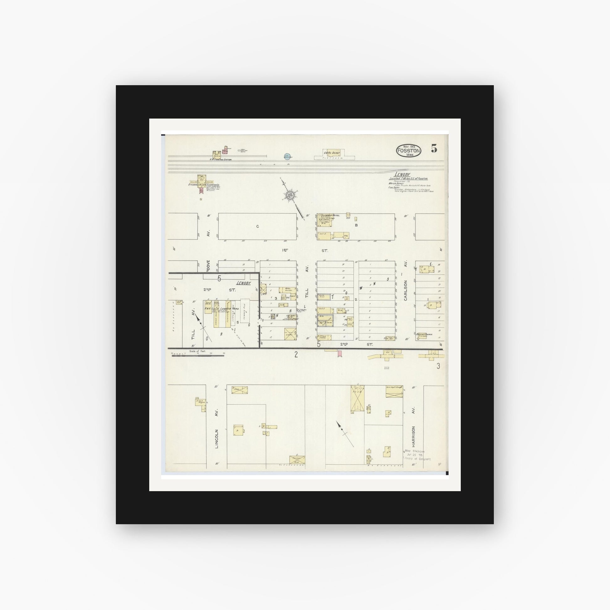 Old map wall art mockup — black gallery frame with white mat — Sanborn Fire Insurance Map from Fosston, Polk County, Minnesota (1913), Sheet #0005
