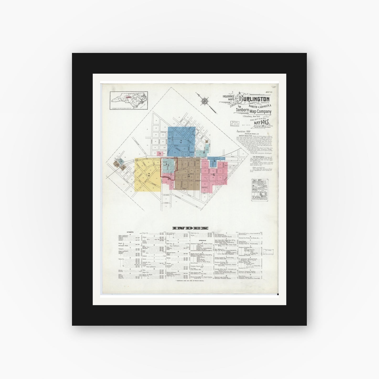 Old map wall art mockup — black gallery frame with white mat — Sanborn Fire Insurance Map from Burlington, Alamance County, North Carolina (1918) - Complete Map Set