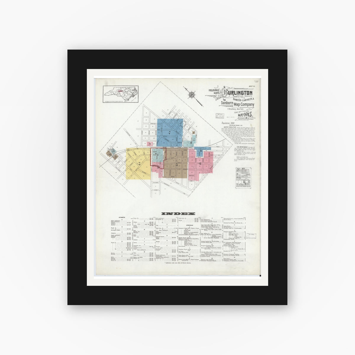 Old map wall art mockup — black gallery frame with white mat — Sanborn Fire Insurance Map from Burlington, Alamance County, North Carolina (1918) - Complete Map Set