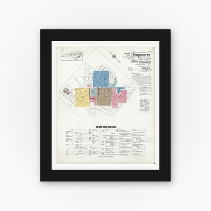Old map wall art mockup — black gallery frame with white mat — Sanborn Fire Insurance Map from Burlington, Alamance County, North Carolina (1918) - Complete Map Set