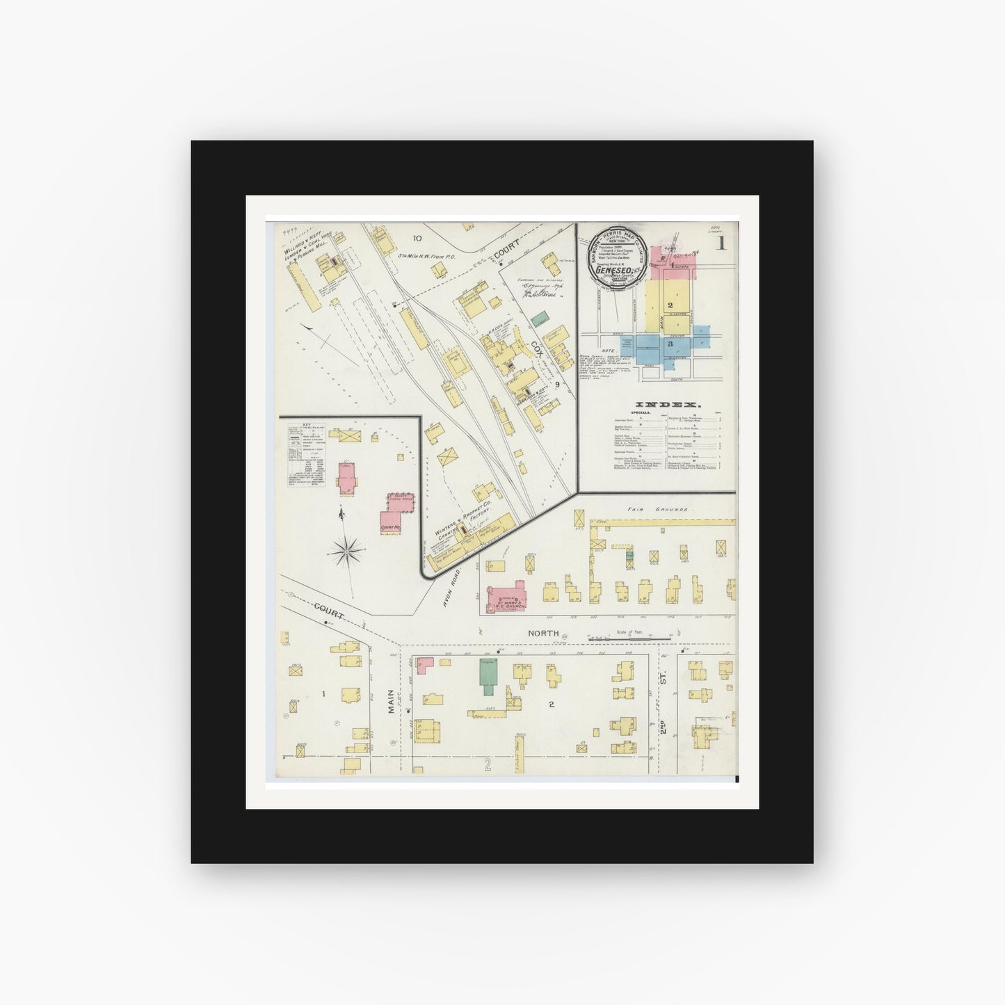 Old map wall art mockup — black gallery frame with white mat — Sanborn Fire Insurance Map from Geneseo, Livingston County, New York (1894), Sheet #0001