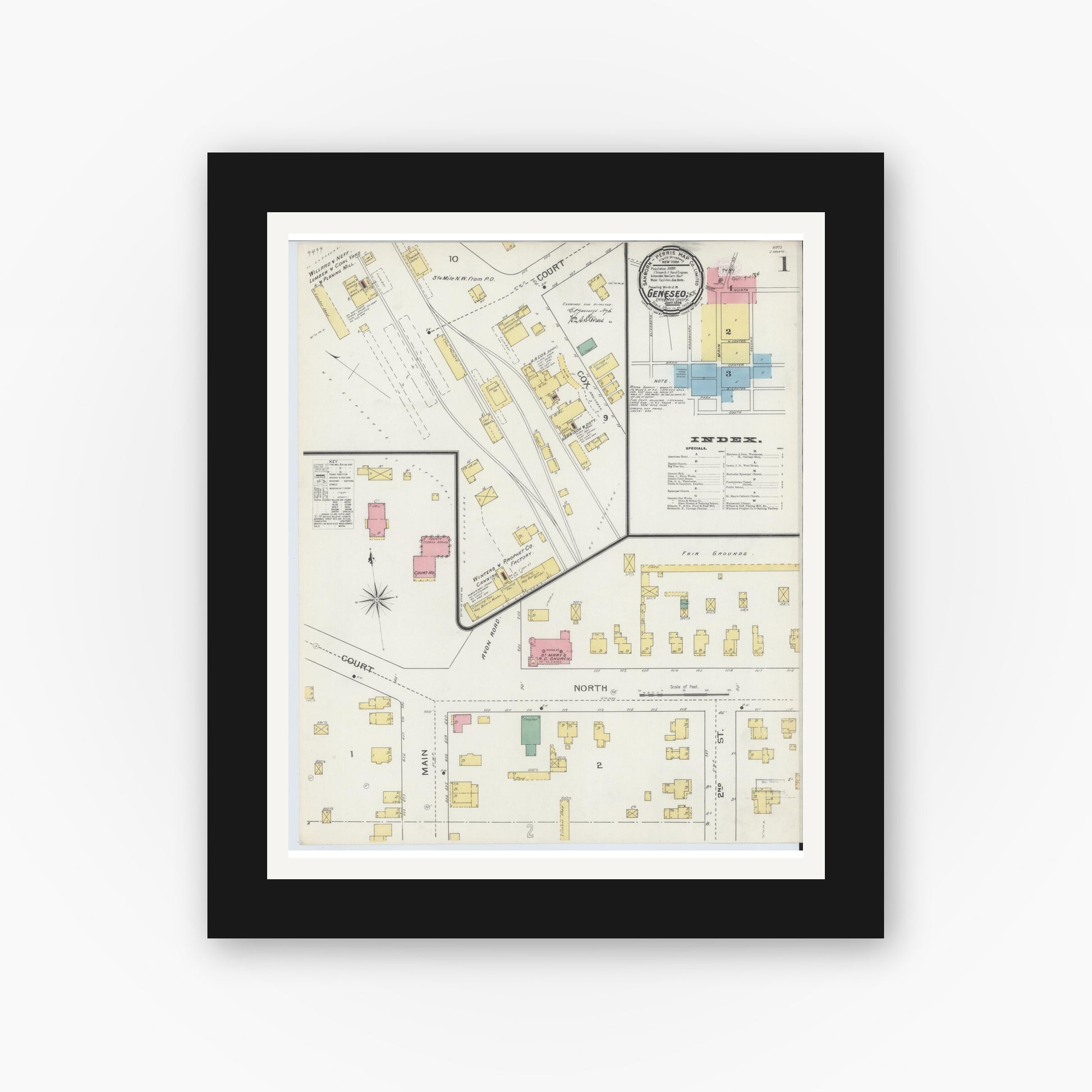 Old map wall art mockup — black gallery frame with white mat — Sanborn Fire Insurance Map from Geneseo, Livingston County, New York (1894), Sheet #0001