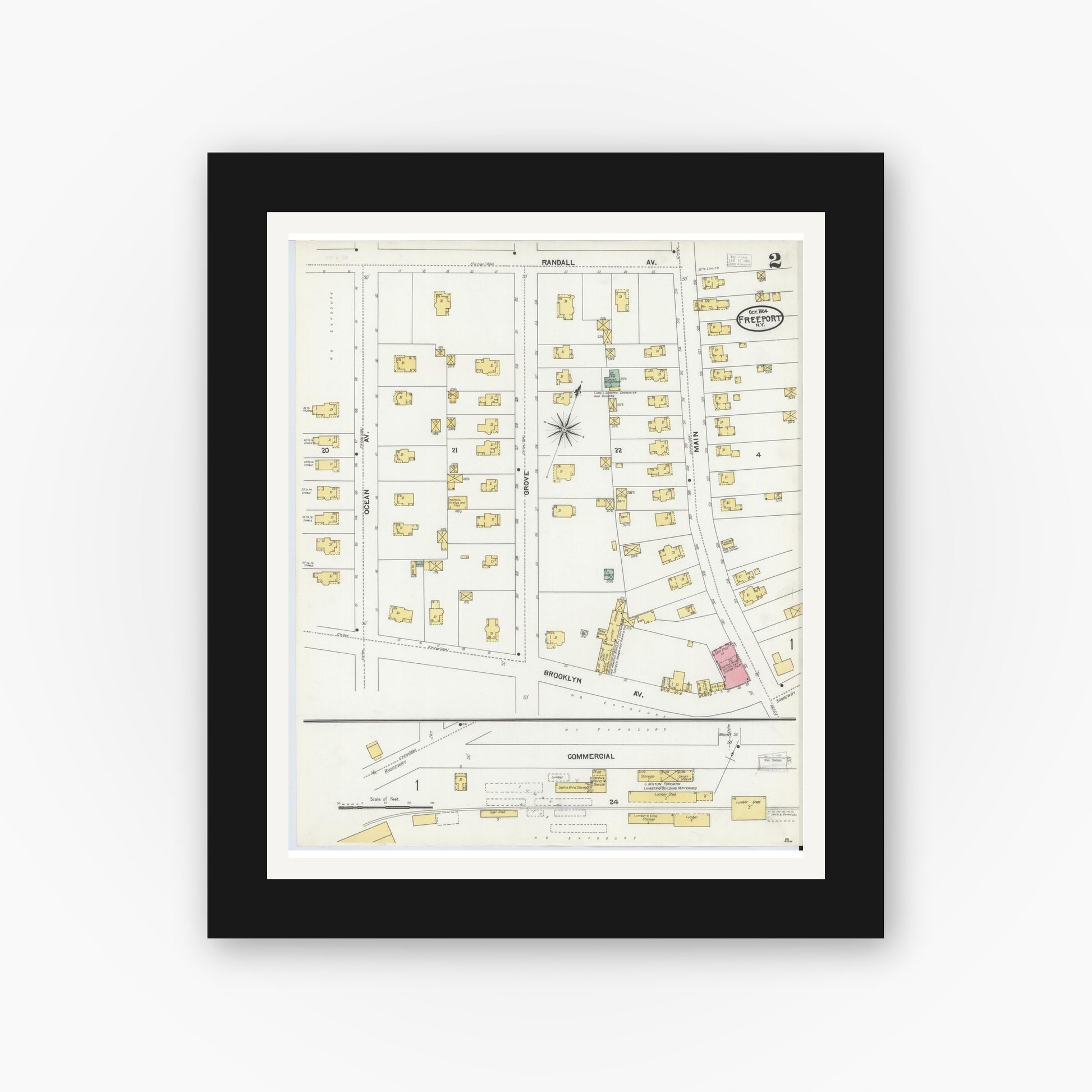 Old map wall art mockup — black gallery frame with white mat — Sanborn Fire Insurance Map from Freeport, Nassau County, New York (1904), Sheet #0002