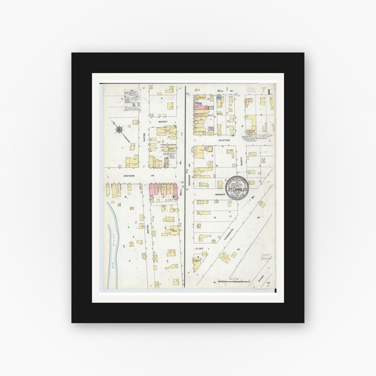 Old map wall art mockup — black gallery frame with white mat — Sanborn Fire Insurance Map from Saint Charles, Saginaw County, Michigan (1910) - Complete Map Set