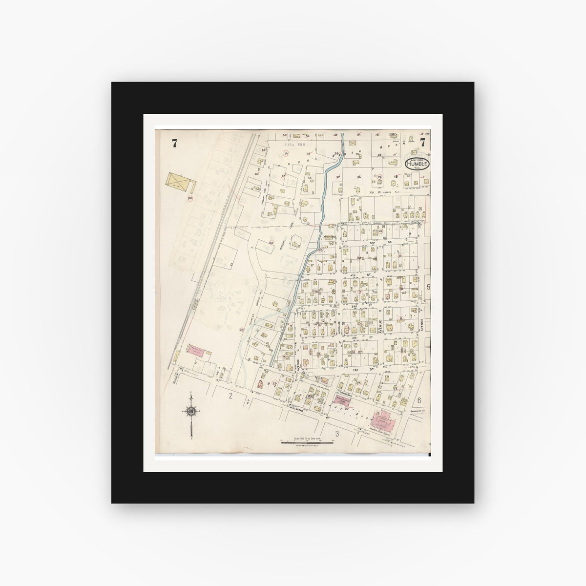 Old map wall art mockup — black gallery frame with white mat — Sanborn Fire Insurance Map from Humble, Harris County, Texas (1940), Sheet #0007