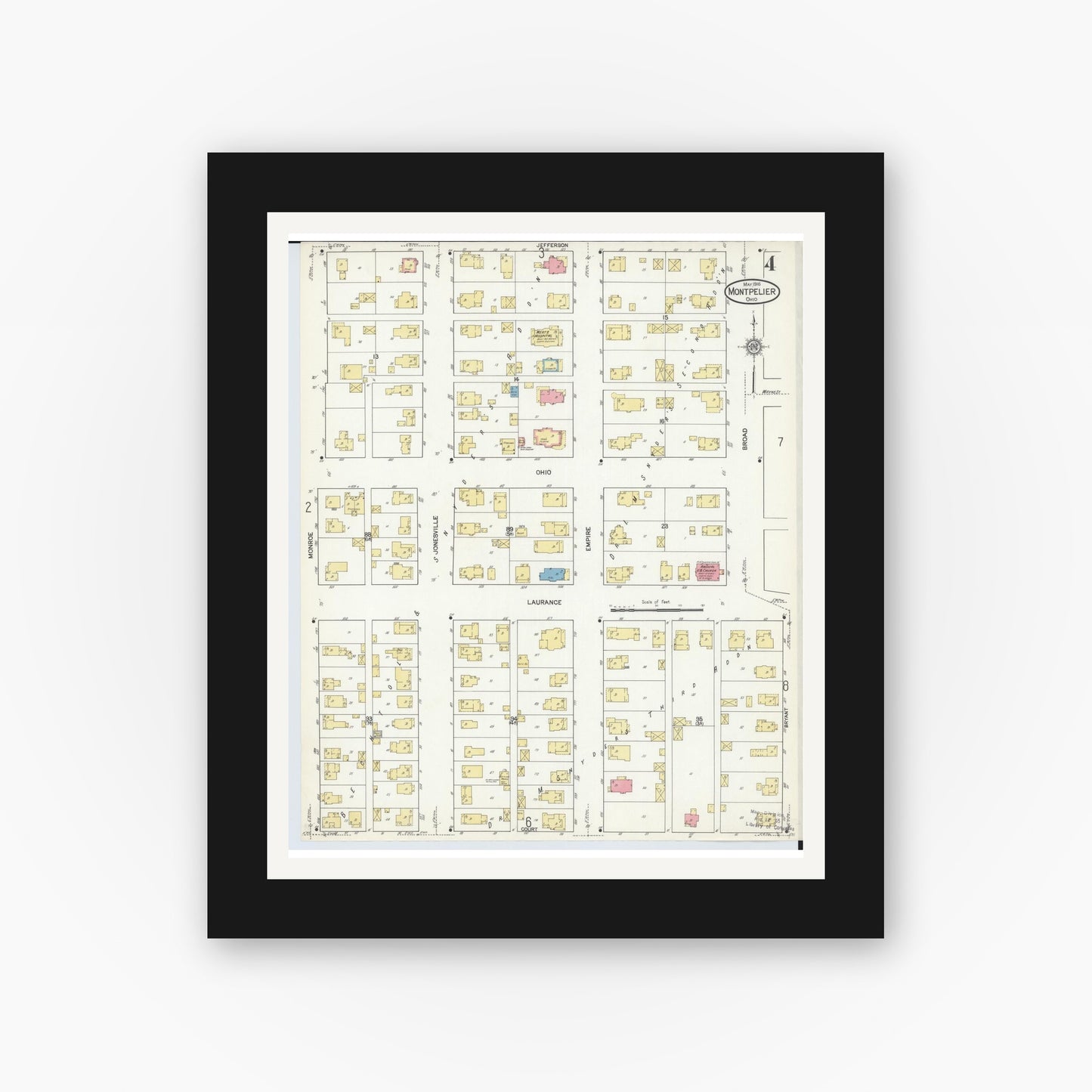 Old map wall art mockup — black gallery frame with white mat — Sanborn Fire Insurance Map from Montpelier, Williams County, Ohio (1916), Sheet #0004