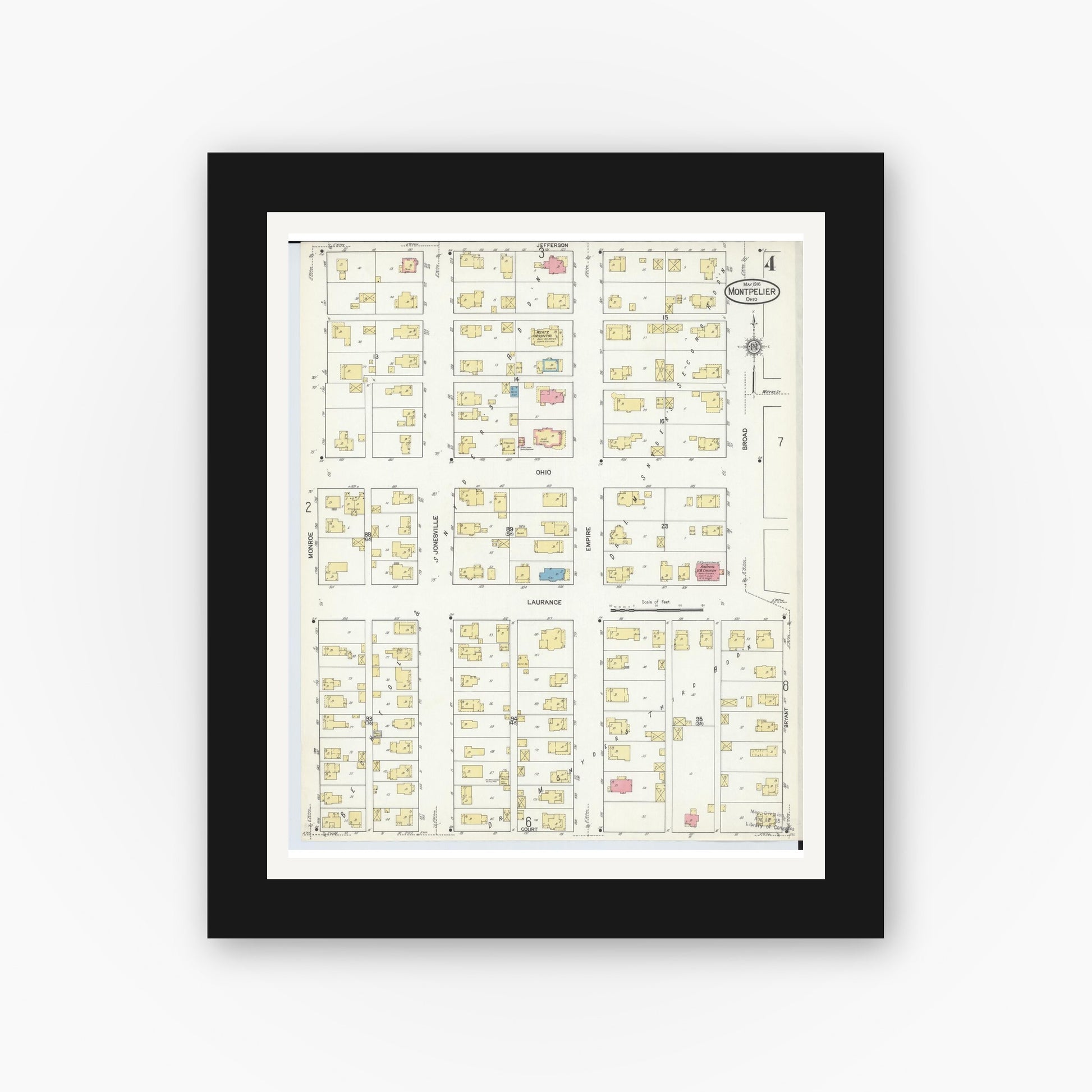 Old map wall art mockup — black gallery frame with white mat — Sanborn Fire Insurance Map from Montpelier, Williams County, Ohio (1916), Sheet #0004