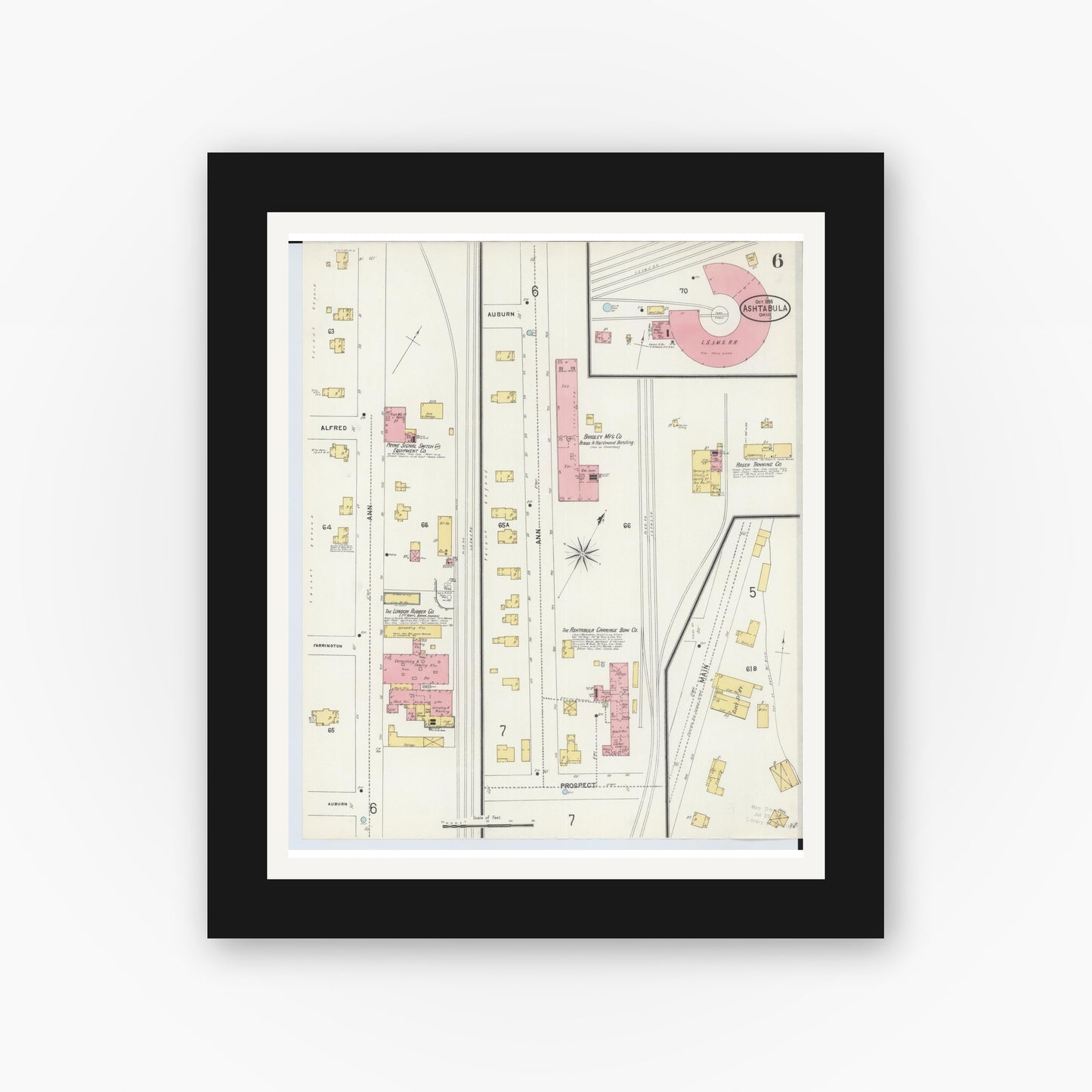 Old map wall art mockup — black gallery frame with white mat — Sanborn Fire Insurance Map from Ashtabula, Ashtabula County, Ohio (1898), Sheet #0006